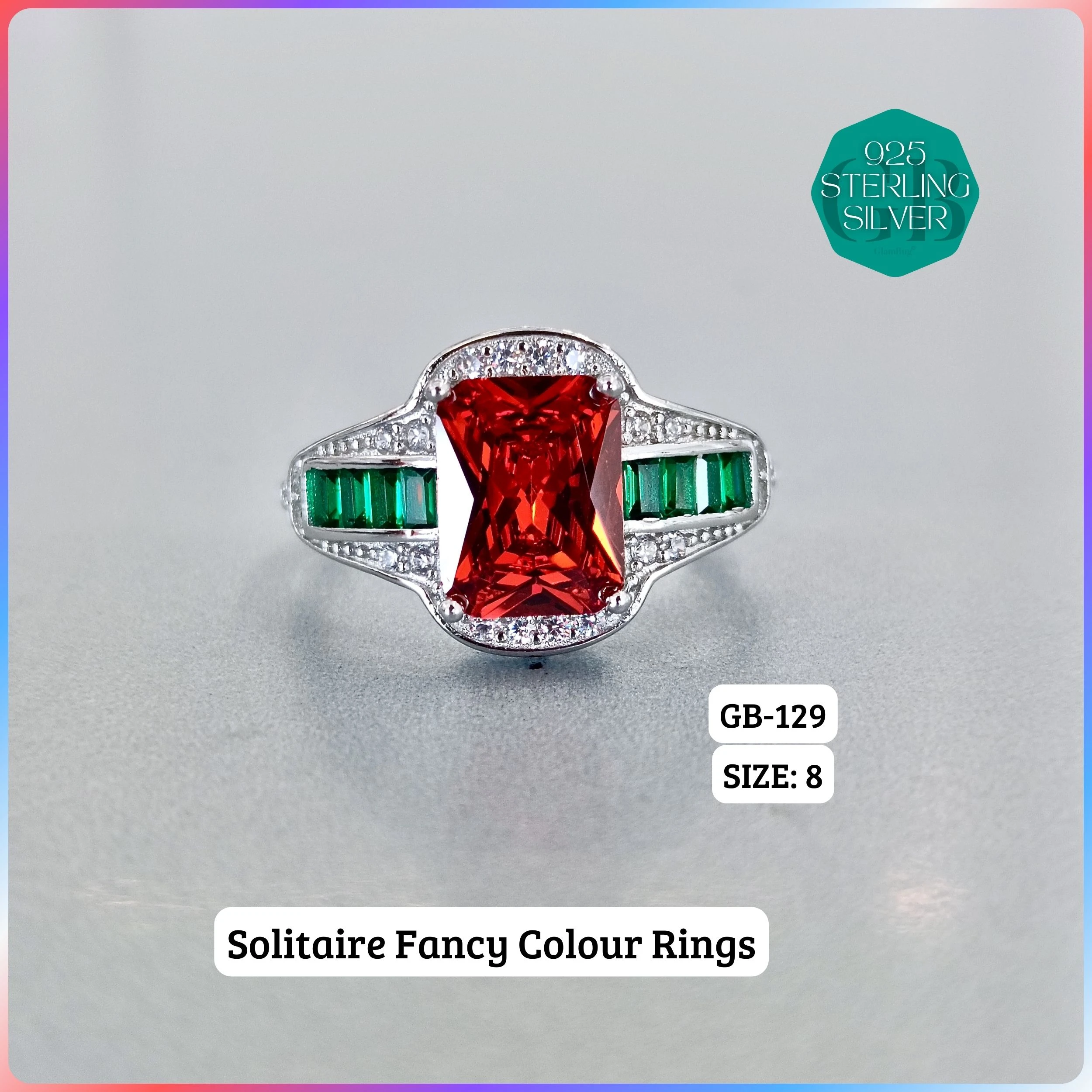 CZ CENTER COLOUR SOLITAIRE FAN RING - Premium 925 Silver Jewellery - SKU: GB-129-030 - Hyderabad Silver Importers