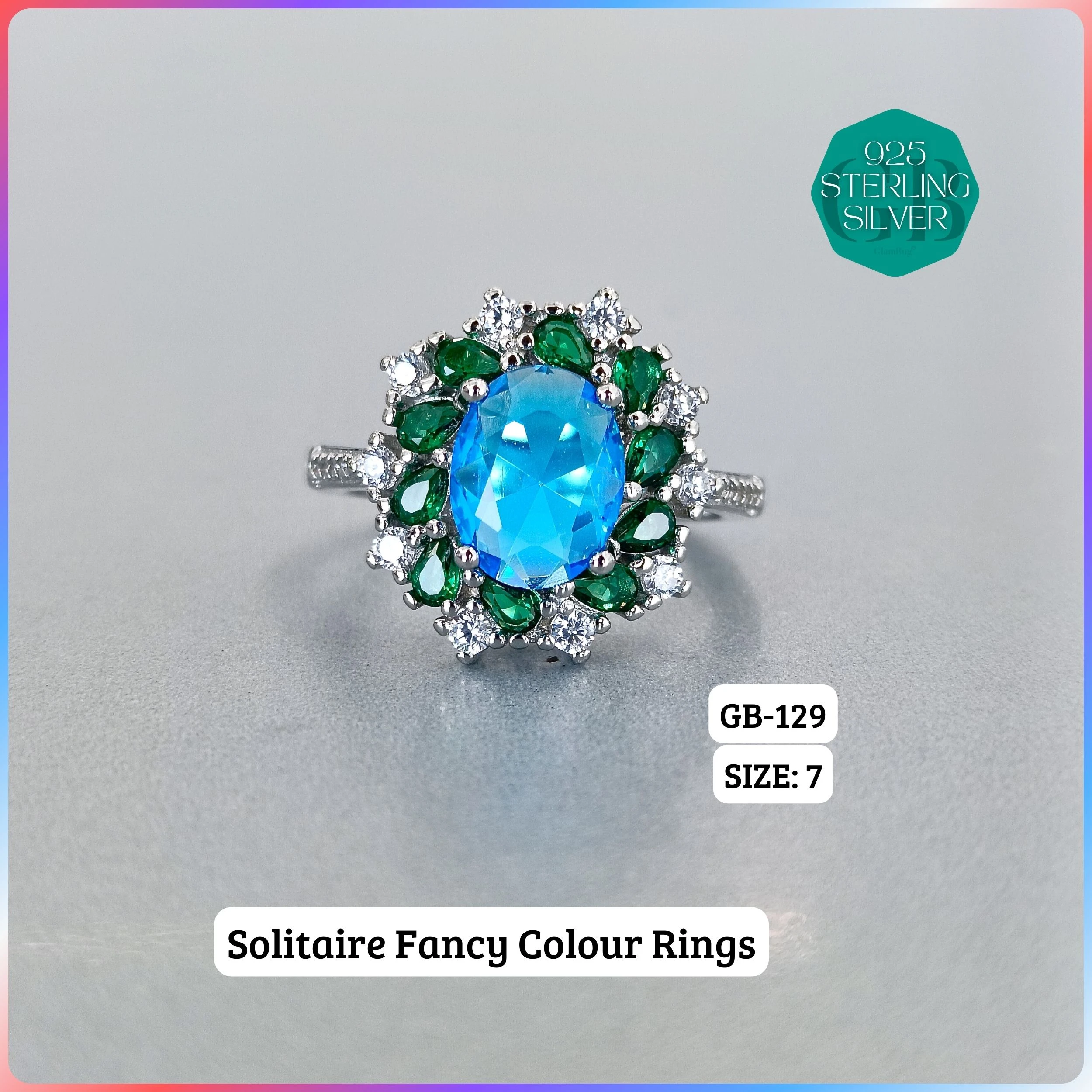CZ CENTER COLOUR SOLITAIRE FAN RING - Premium 925 Silver Jewellery - SKU: GB-129-032 - Hyderabad Silver Importers