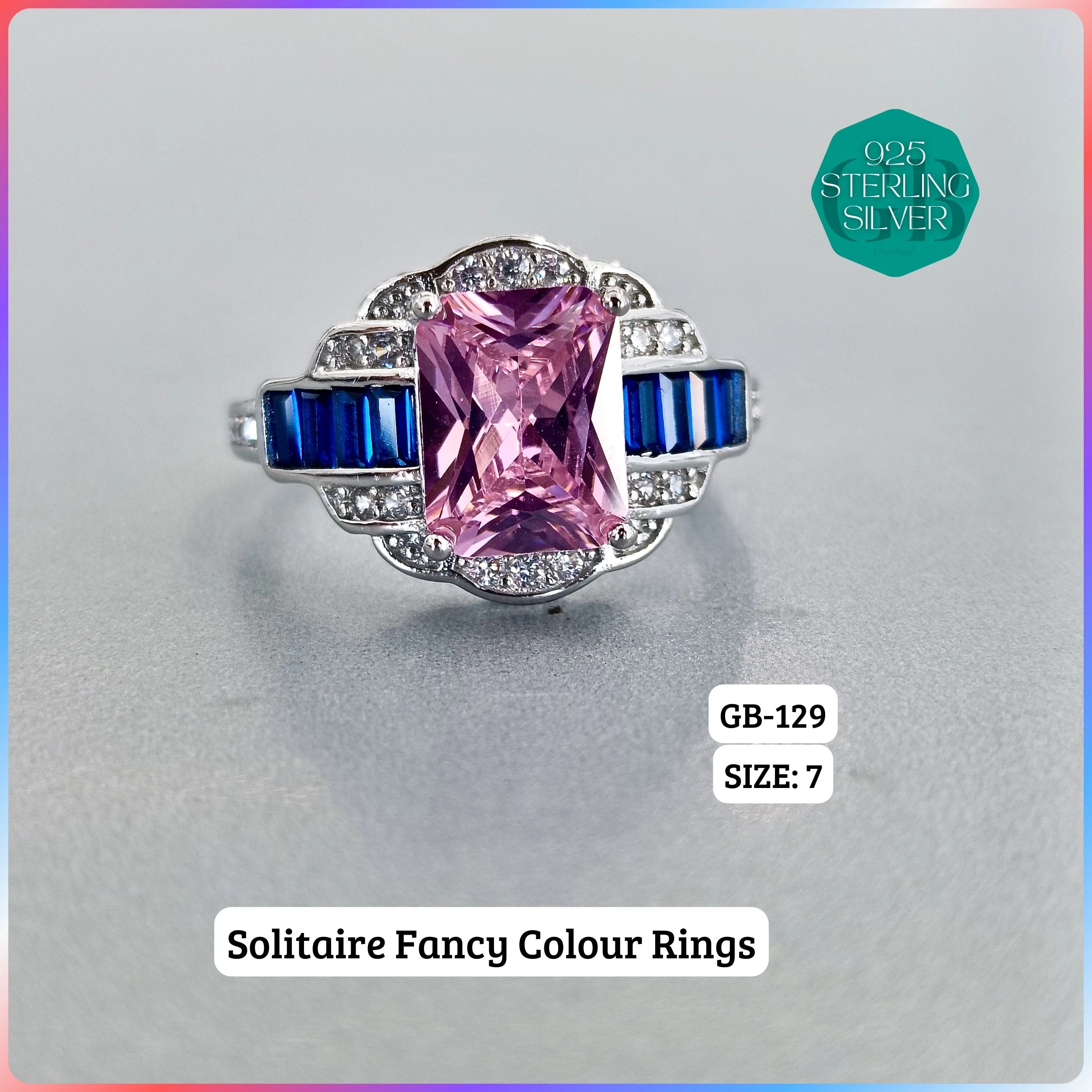 CZ CENTER COLOUR SOLITAIRE FAN RING - Premium 925 Silver Jewellery - SKU: GB-129-037 - Hyderabad Silver Importers