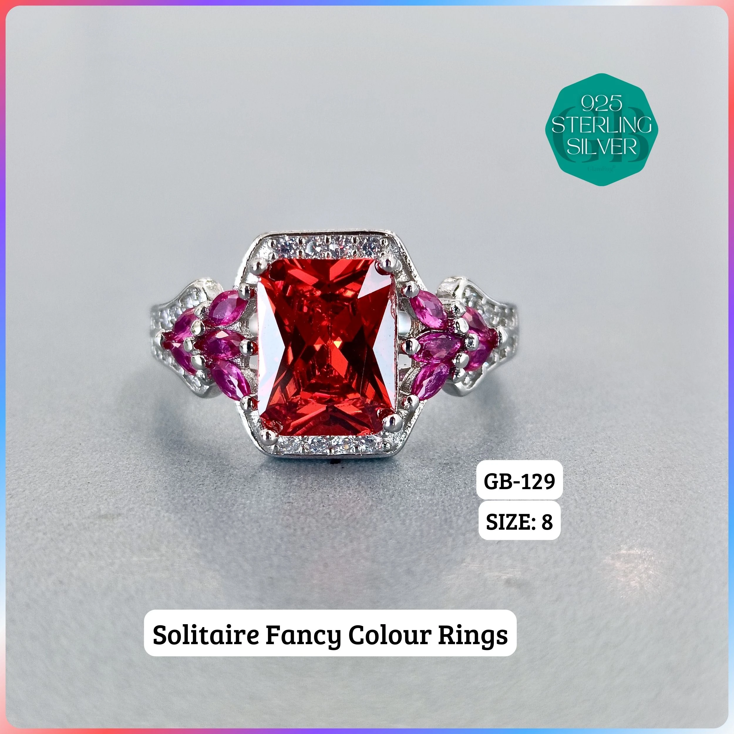 CZ CENTER COLOUR SOLITAIRE FAN RING - Premium 925 Silver Jewellery - SKU: GB-129-041 - Hyderabad Silver Importers