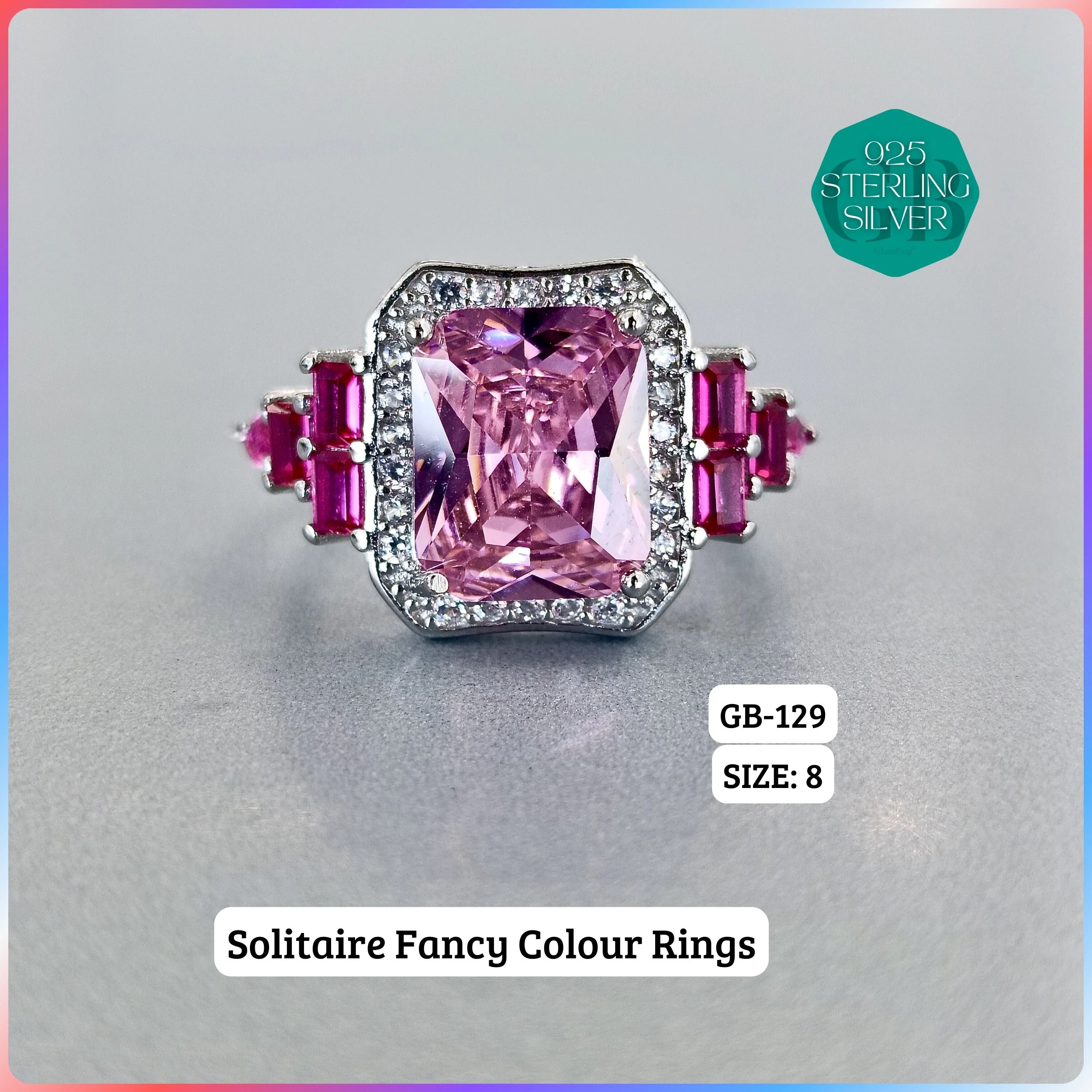 CZ CENTER COLOUR SOLITAIRE FAN RING - Premium 925 Silver Jewellery - SKU: GB-129-046 - Hyderabad Silver Importers