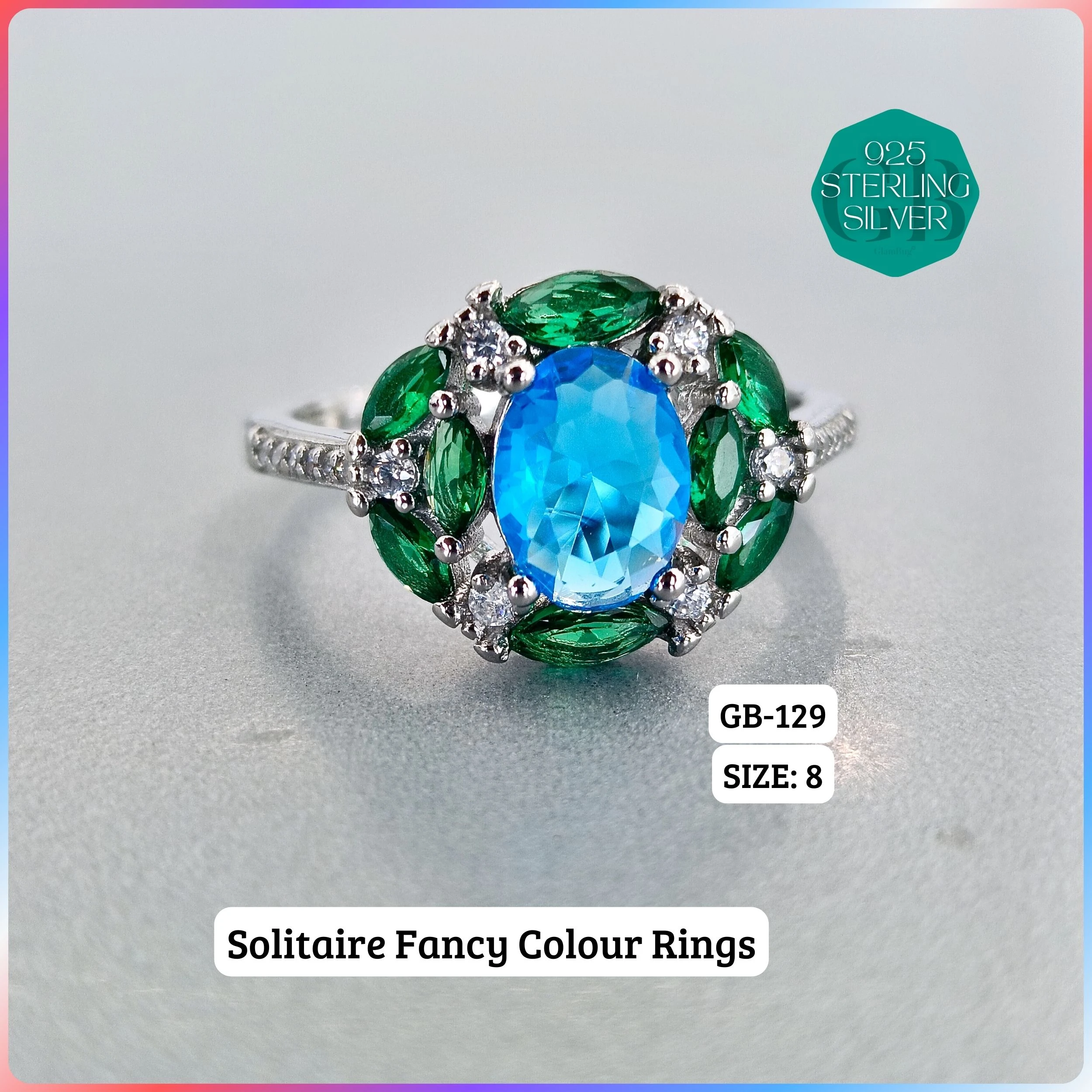 CZ CENTER COLOUR SOLITAIRE FAN RING - Premium 925 Silver Jewellery - SKU: GB-129-048 - Hyderabad Silver Importers