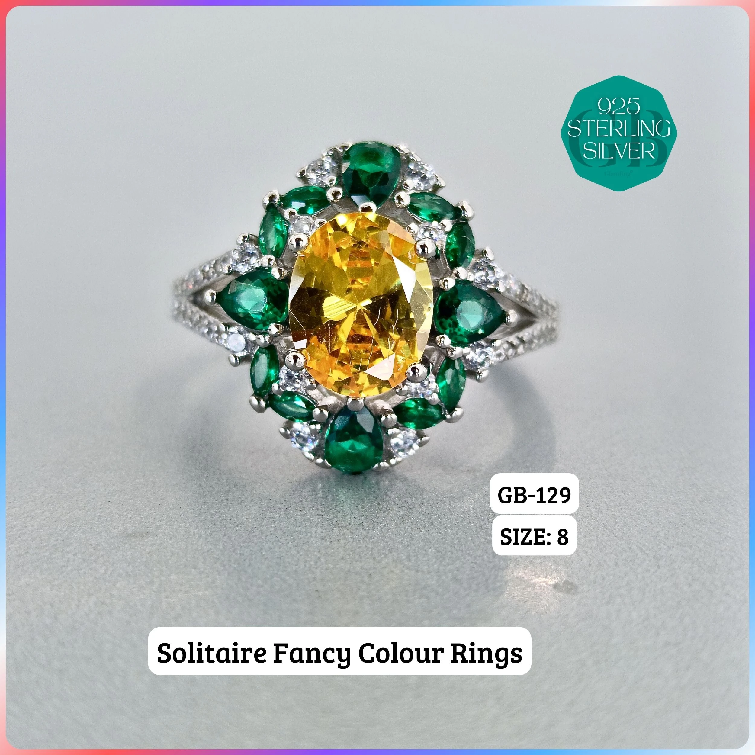 CZ CENTER COLOUR SOLITAIRE FAN RING - Premium 925 Silver Jewellery - SKU: GB-129-050 - Hyderabad Silver Importers