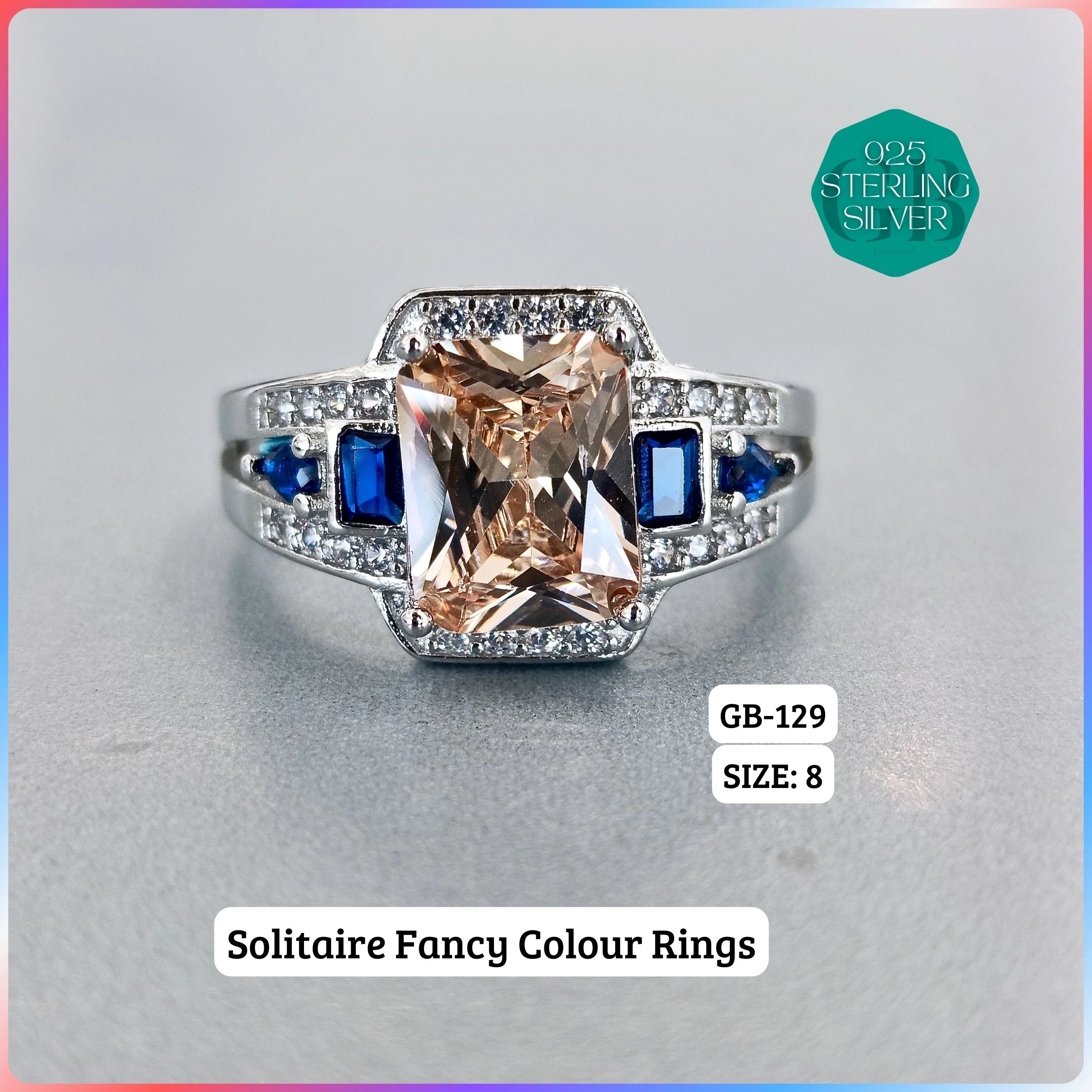 CZ CENTER COLOUR SOLITAIRE FAN RING - Premium 925 Silver Jewellery - SKU: GB-129-053 - Hyderabad Silver Importers