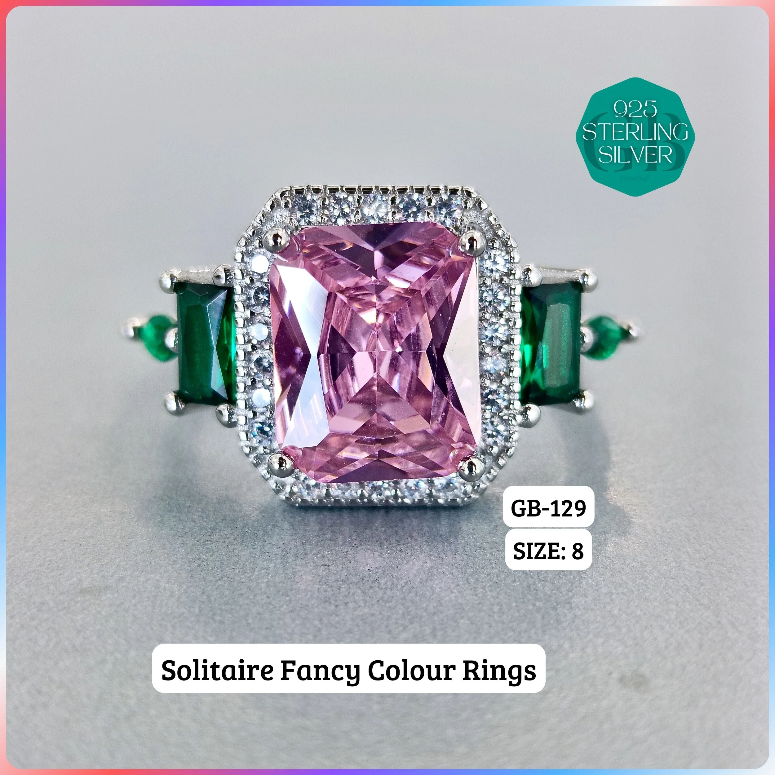 CZ CENTER COLOUR SOLITAIRE FAN RING - Premium 925 Silver Jewellery - SKU: GB-129-055 - Hyderabad Silver Importers