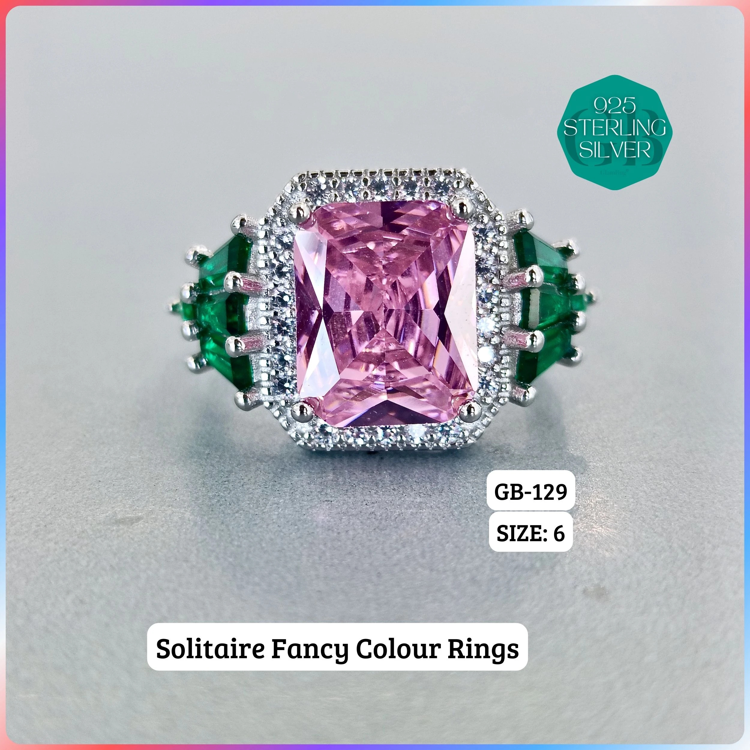 CZ CENTER COLOUR SOLITAIRE FAN RING - Premium 925 Silver Jewellery - SKU: GB-129-056 - Hyderabad Silver Importers