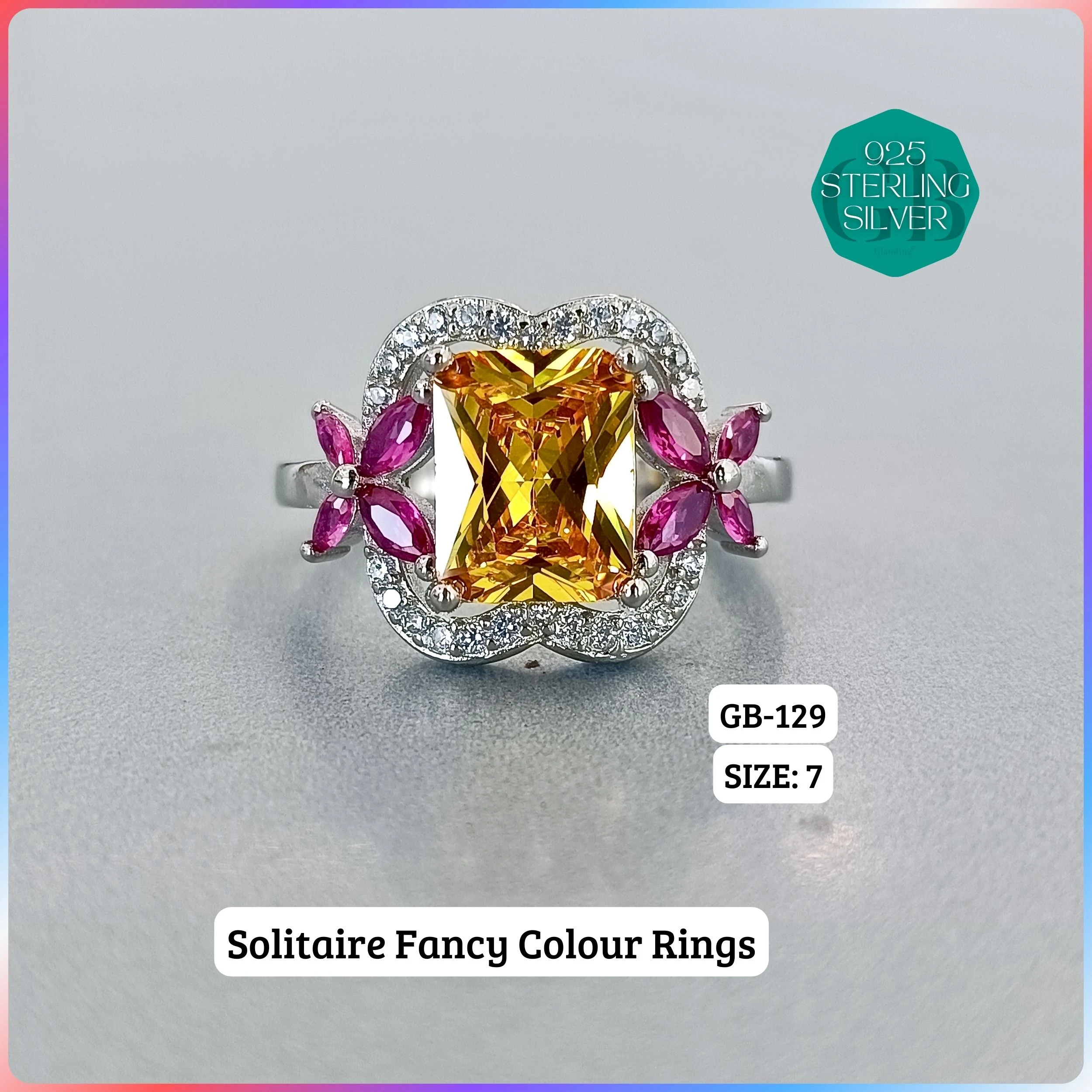 CZ CENTER COLOUR SOLITAIRE FAN RING - Premium 925 Silver Jewellery - SKU: GB-129-057 - Hyderabad Silver Importers