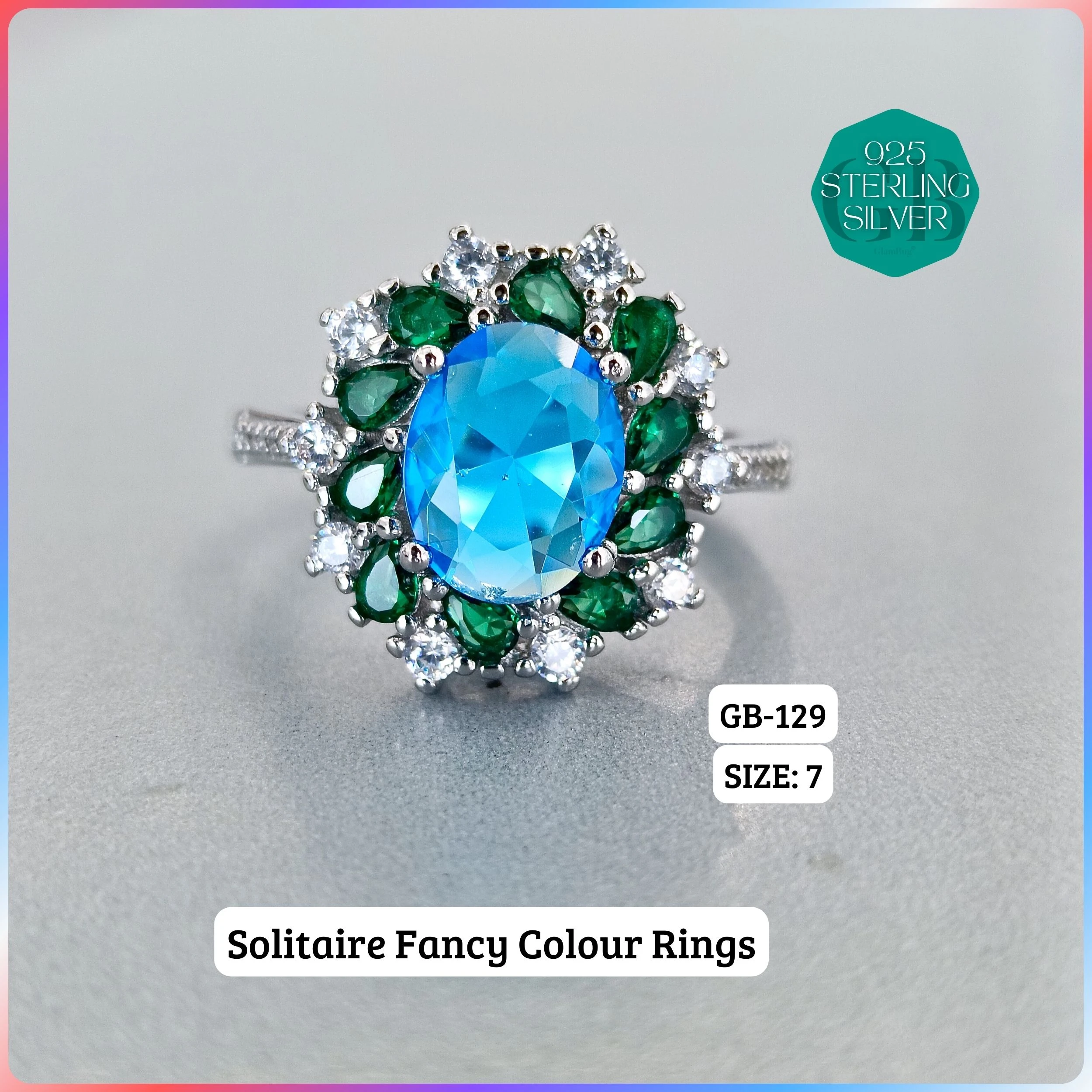 CZ CENTER COLOUR SOLITAIRE FAN RING - Premium 925 Silver Jewellery - SKU: GB-129-059 - Hyderabad Silver Importers