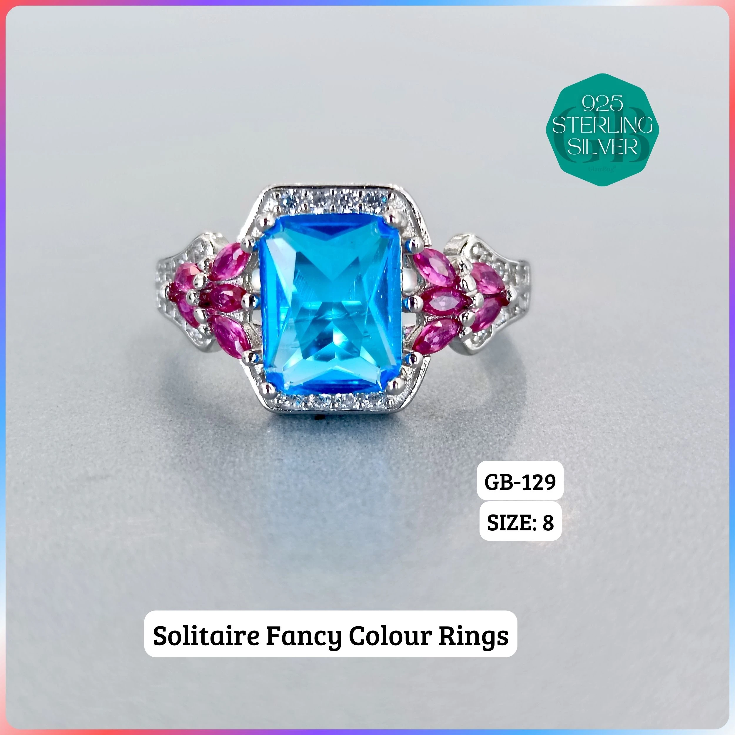 CZ CENTER COLOUR SOLITAIRE FAN RING - Premium 925 Silver Jewellery - SKU: GB-129-061 - Hyderabad Silver Importers
