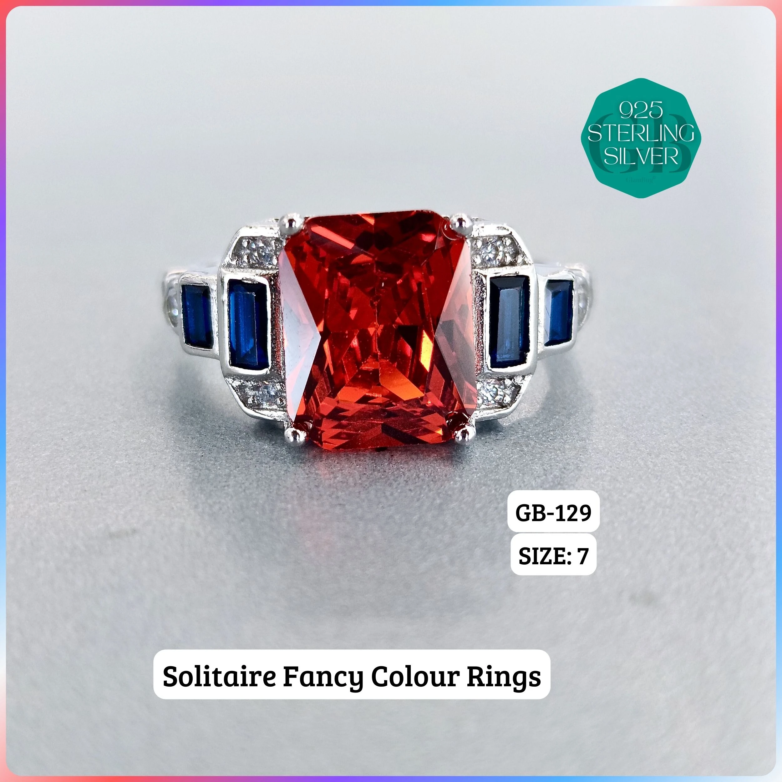 CZ CENTER COLOUR SOLITAIRE FAN RING - Premium 925 Silver Jewellery - SKU: GB-129-062 - Hyderabad Silver Importers