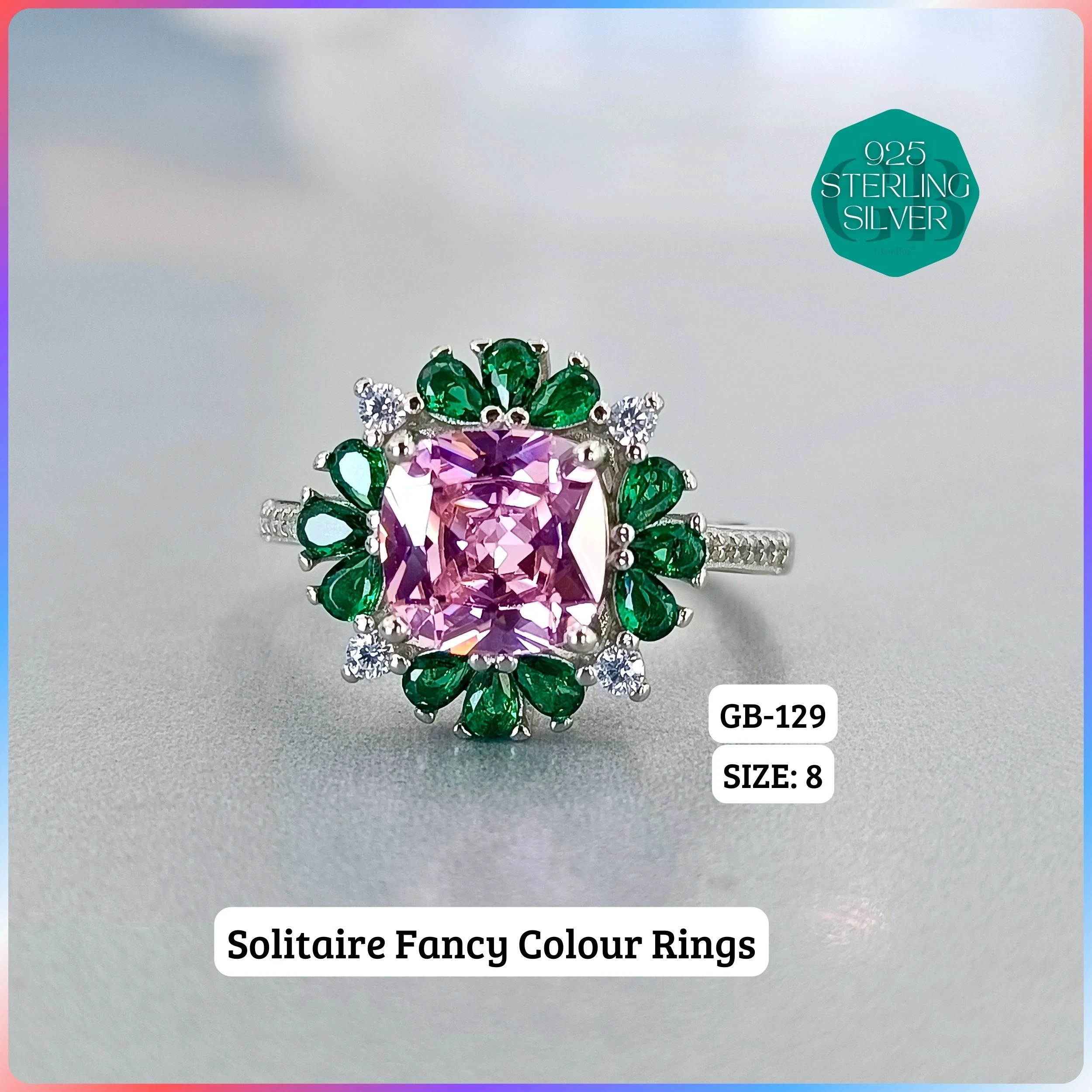 CZ CENTER COLOUR SOLITAIRE FAN RING - Premium 925 Silver Jewellery - SKU: GB-129-067 - Hyderabad Silver Importers
