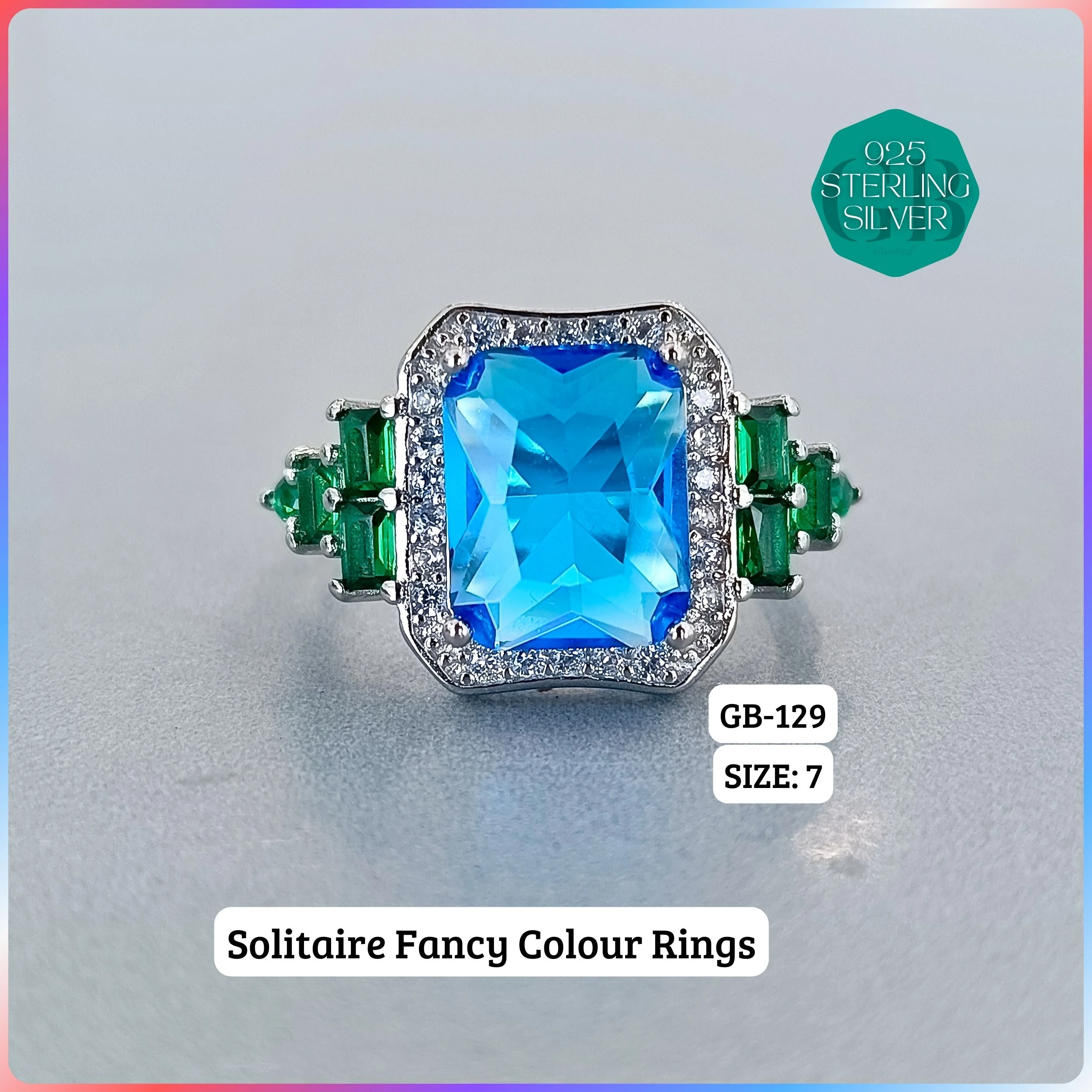 CZ CENTER COLOUR SOLITAIRE FAN RING - Premium 925 Silver Jewellery - SKU: GB-129-068 - Hyderabad Silver Importers