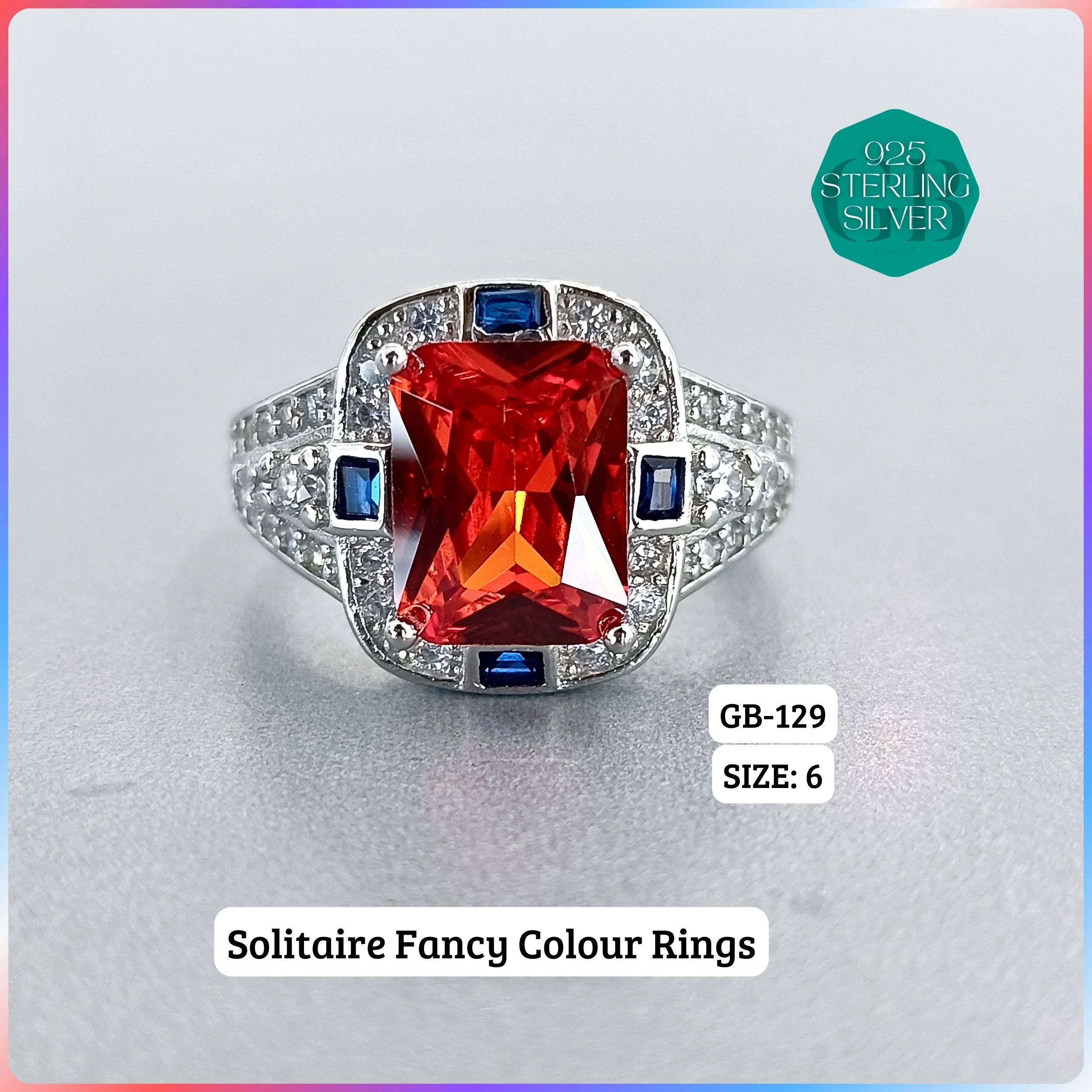 CZ CENTER COLOUR SOLITAIRE FAN RING - Premium 925 Silver Jewellery - SKU: GB-129-071 - Hyderabad Silver Importers