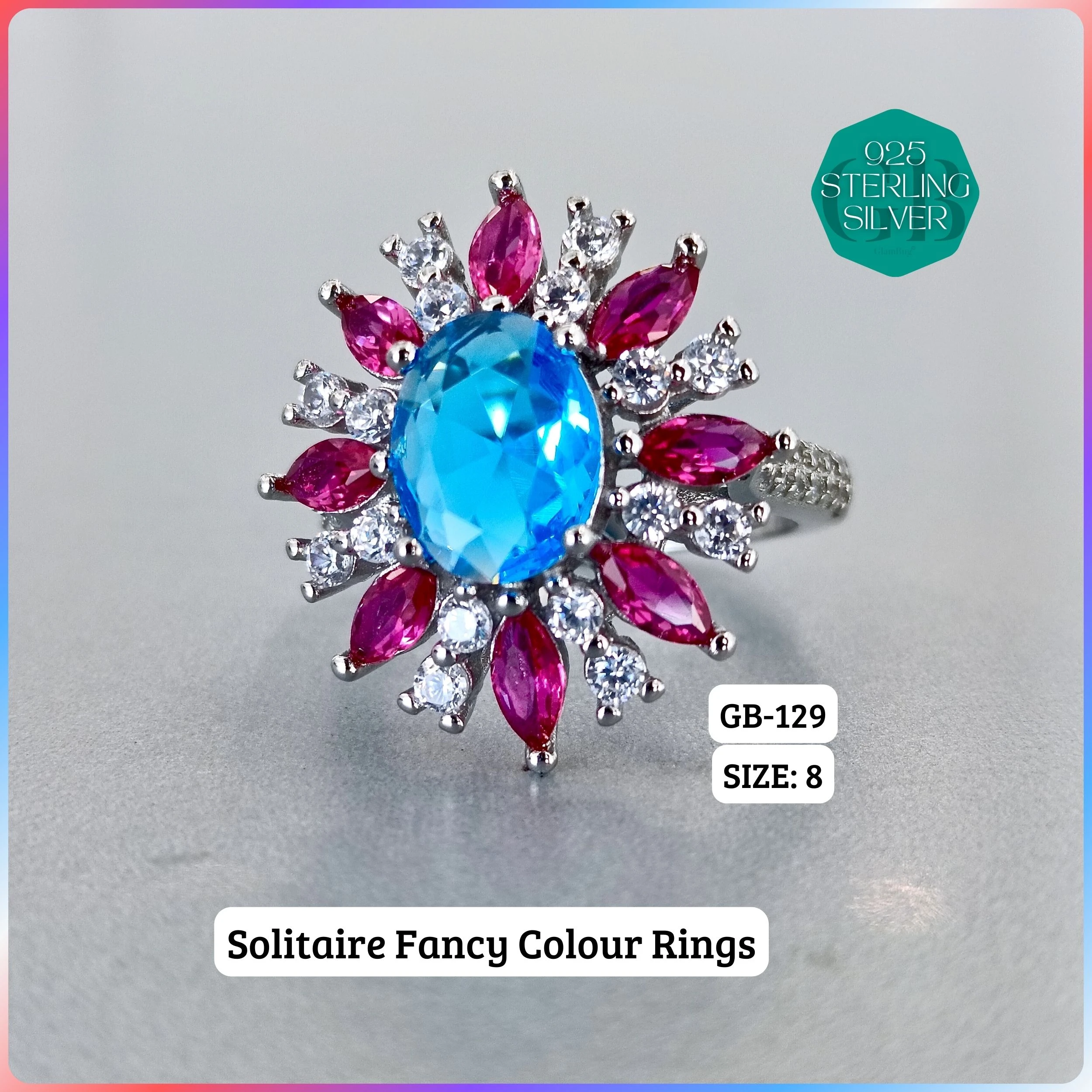 CZ CENTER COLOUR SOLITAIRE FAN RING - Premium 925 Silver Jewellery - SKU: GB-129-073 - Hyderabad Silver Importers
