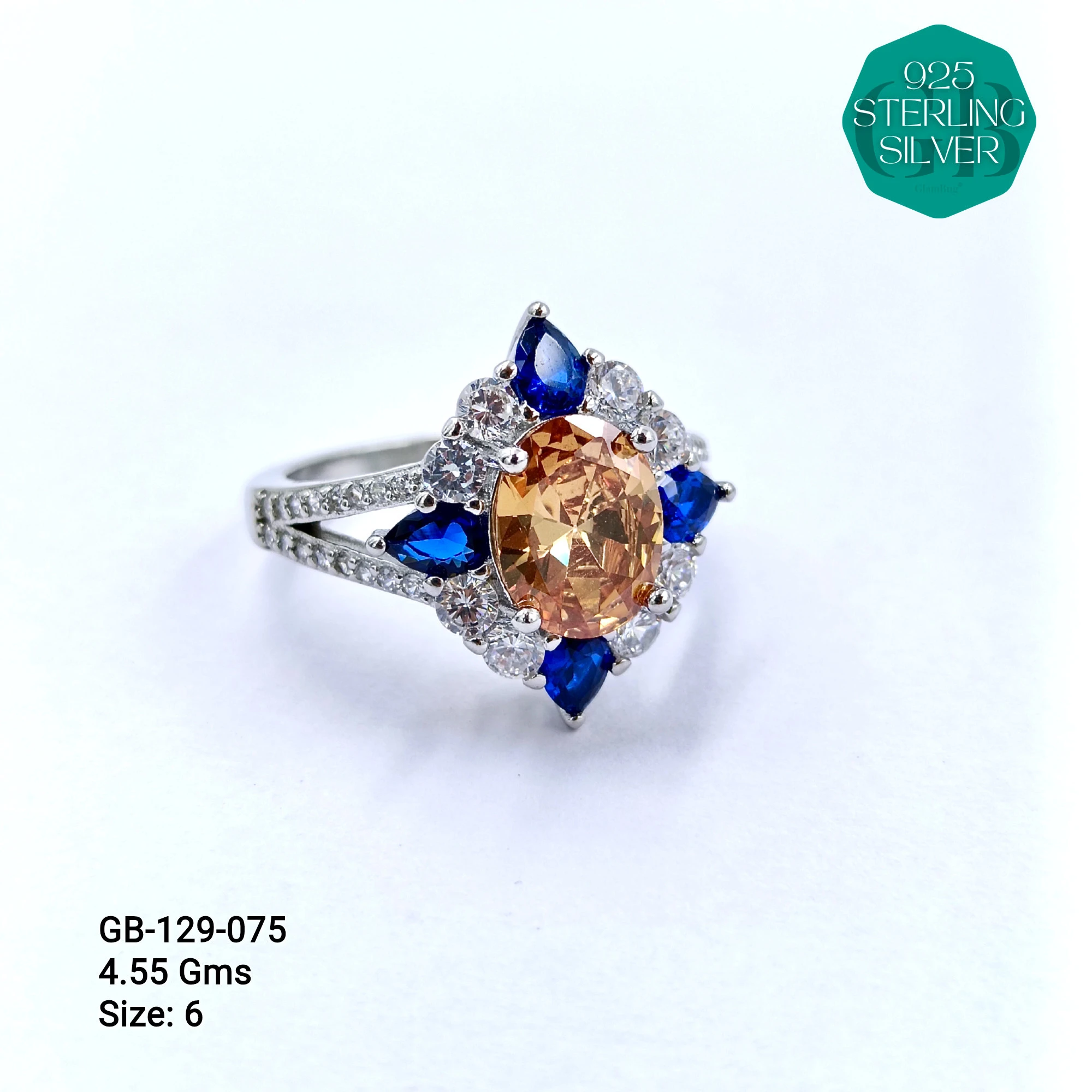 CZ CENTER COLOUR SOLITAIRE FAN RING - Premium 925 Silver Jewellery - SKU: GB-129-075 - Hyderabad Silver Importers