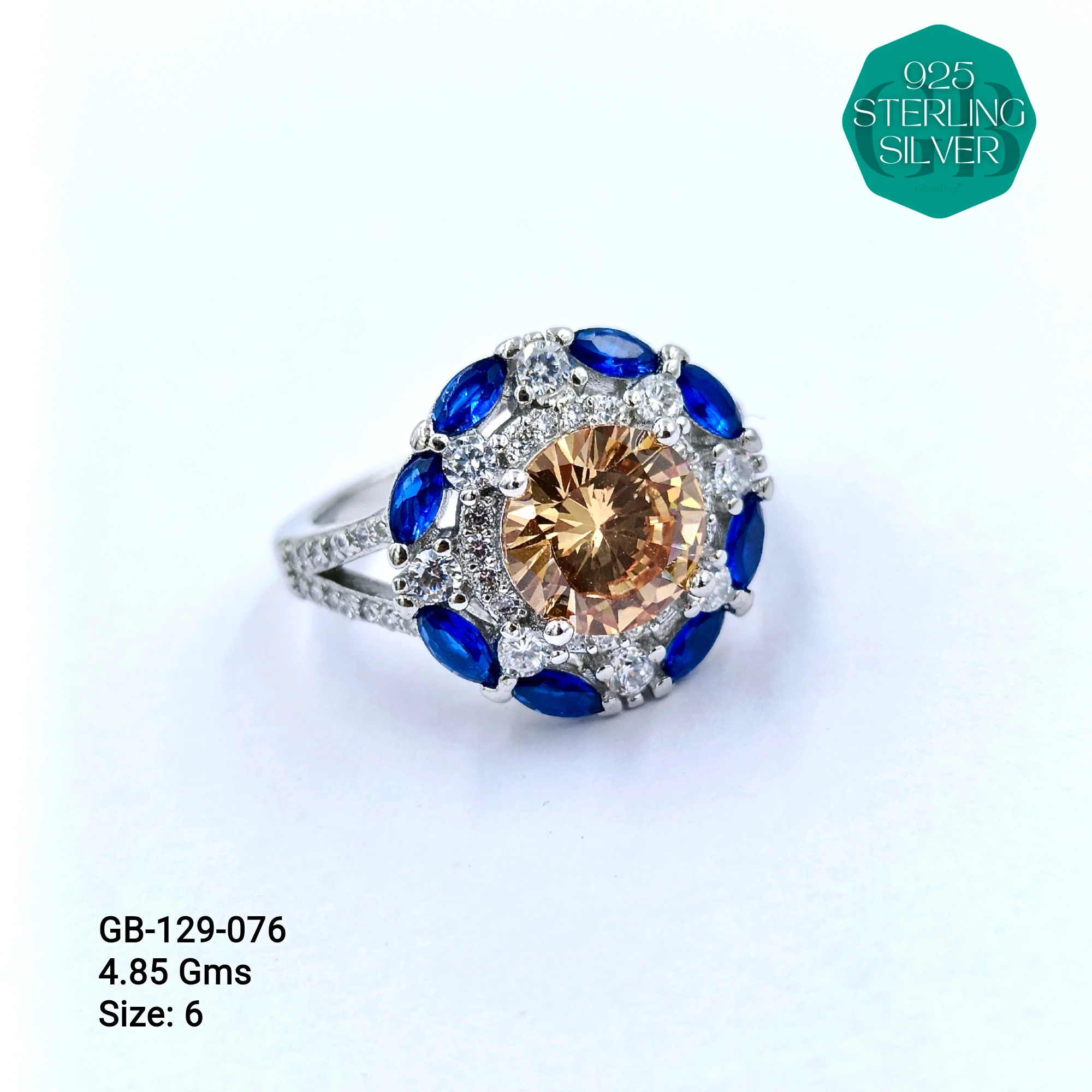 CZ CENTER COLOUR SOLITAIRE FAN RING - Premium 925 Silver Jewellery - SKU: GB-129-076 - Hyderabad Silver Importers