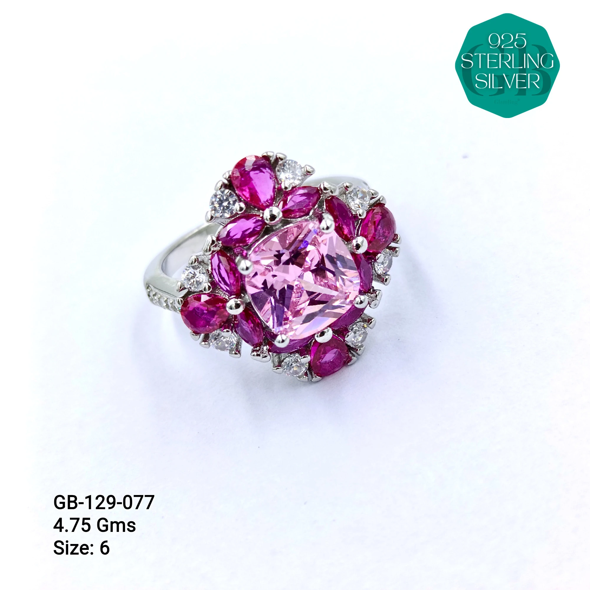 CZ CENTER COLOUR SOLITAIRE FAN RING - Premium 925 Silver Jewellery - SKU: GB-129-077 - Hyderabad Silver Importers