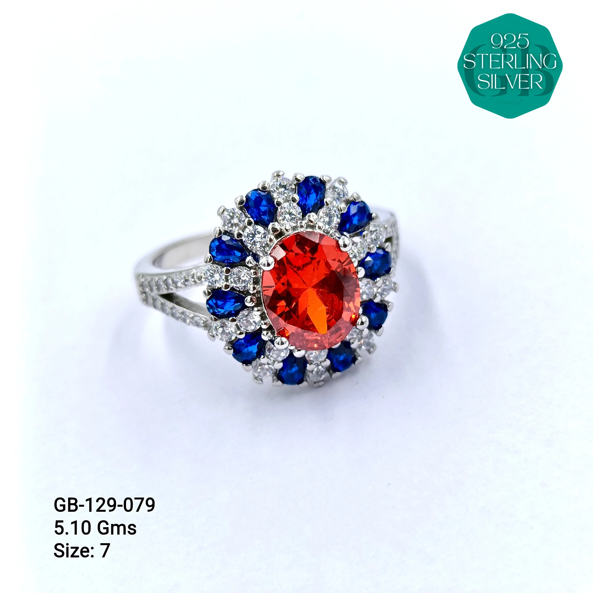 CZ CENTER COLOUR SOLITAIRE FAN RING - Premium 925 Silver Jewellery - SKU: GB-129-079 - Hyderabad Silver Importers