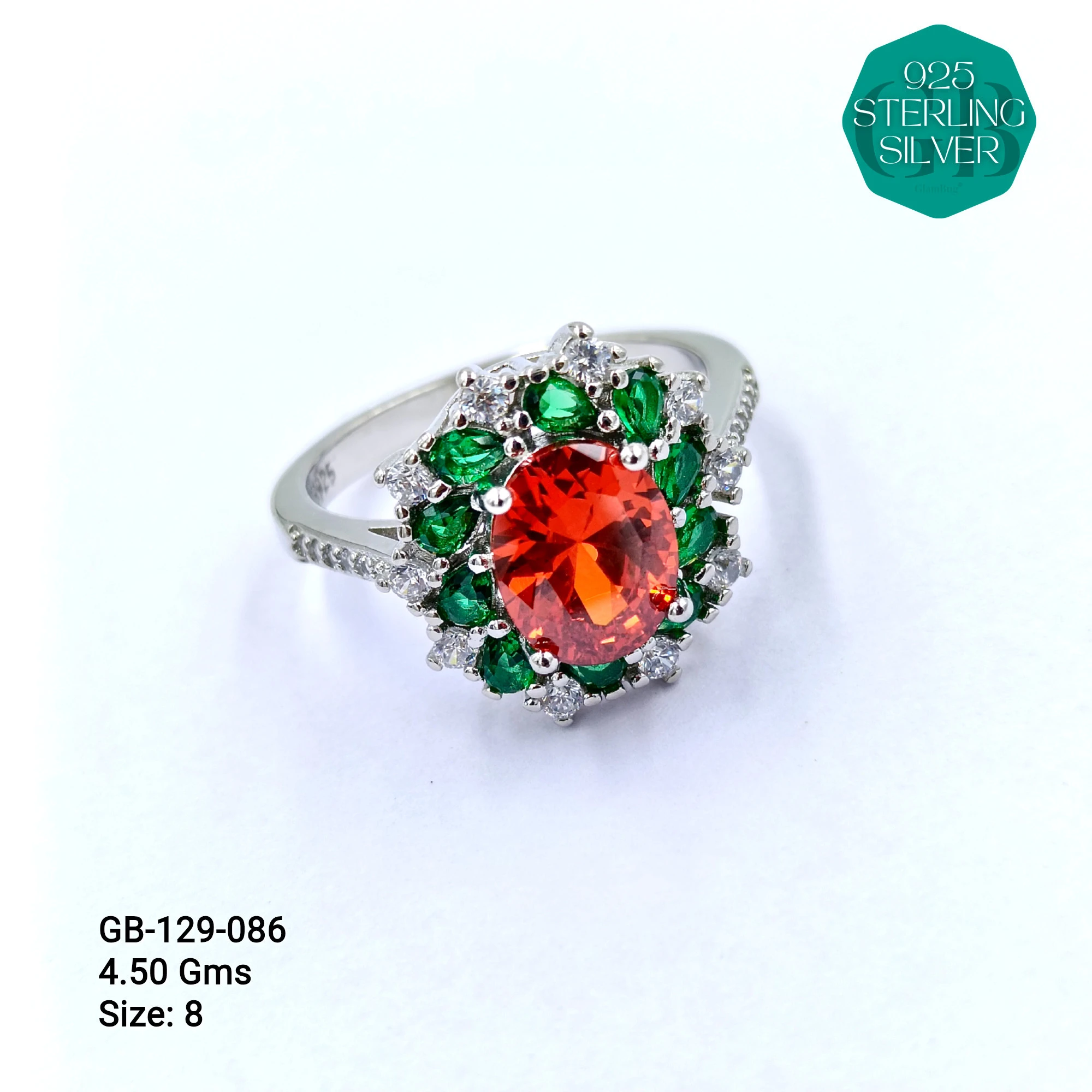 CZ CENTER COLOUR SOLITAIRE FAN RING - Premium 925 Silver Jewellery - SKU: GB-129-086 - Hyderabad Silver Importers