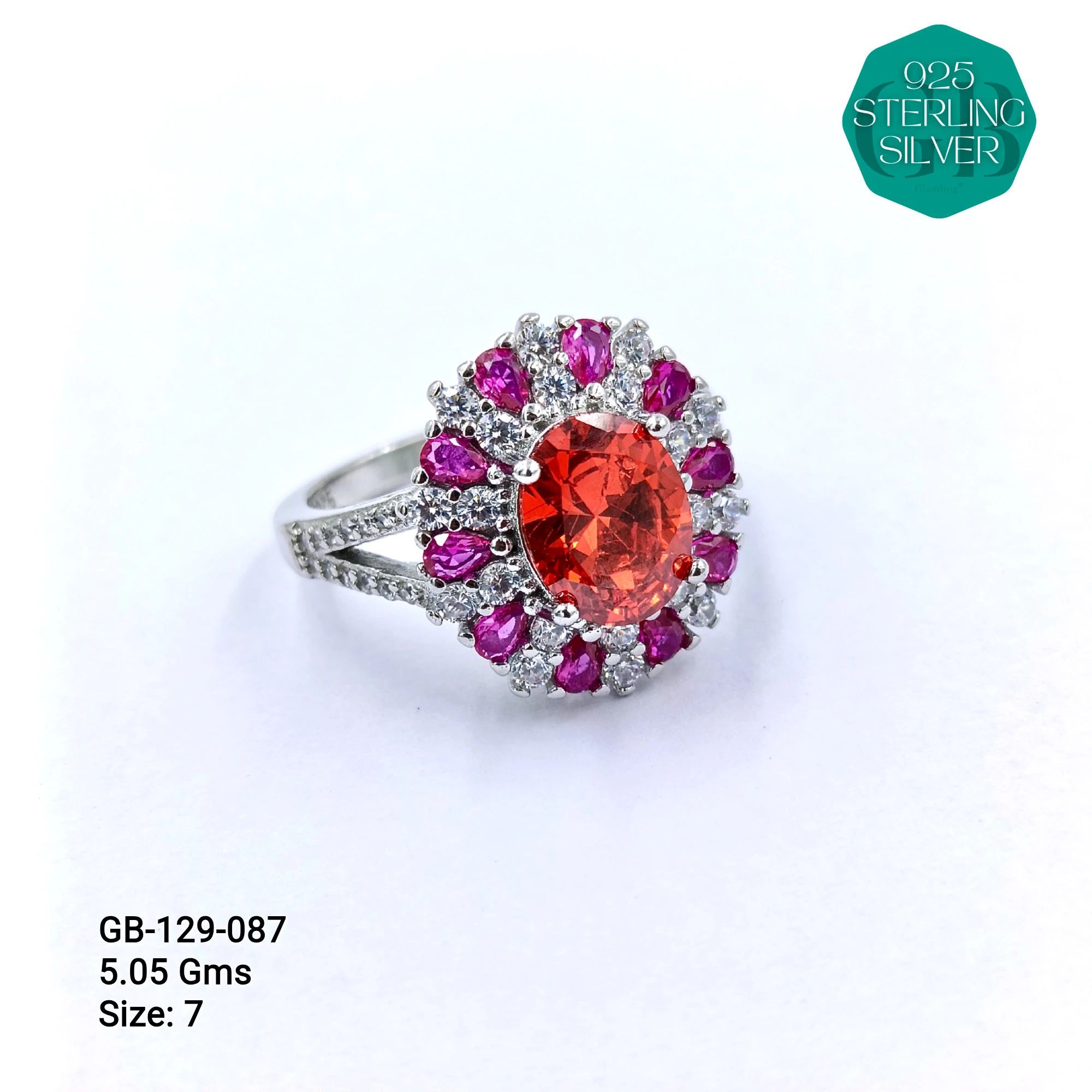 CZ CENTER COLOUR SOLITAIRE FAN RING - Premium 925 Silver Jewellery - SKU: GB-129-087 - Hyderabad Silver Importers