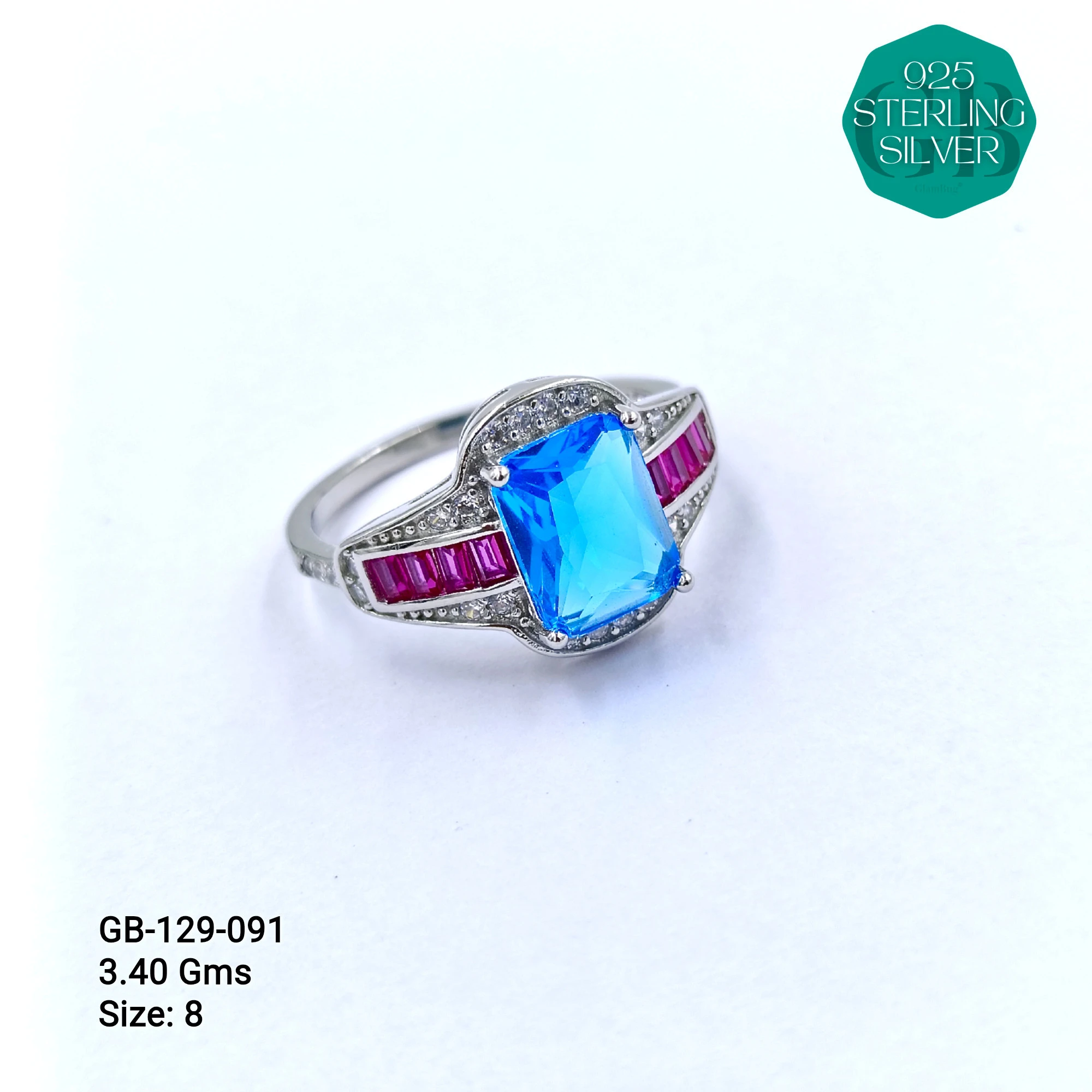CZ CENTER COLOUR SOLITAIRE FAN RING - Premium 925 Silver Jewellery - SKU: GB-129-091 - Hyderabad Silver Importers