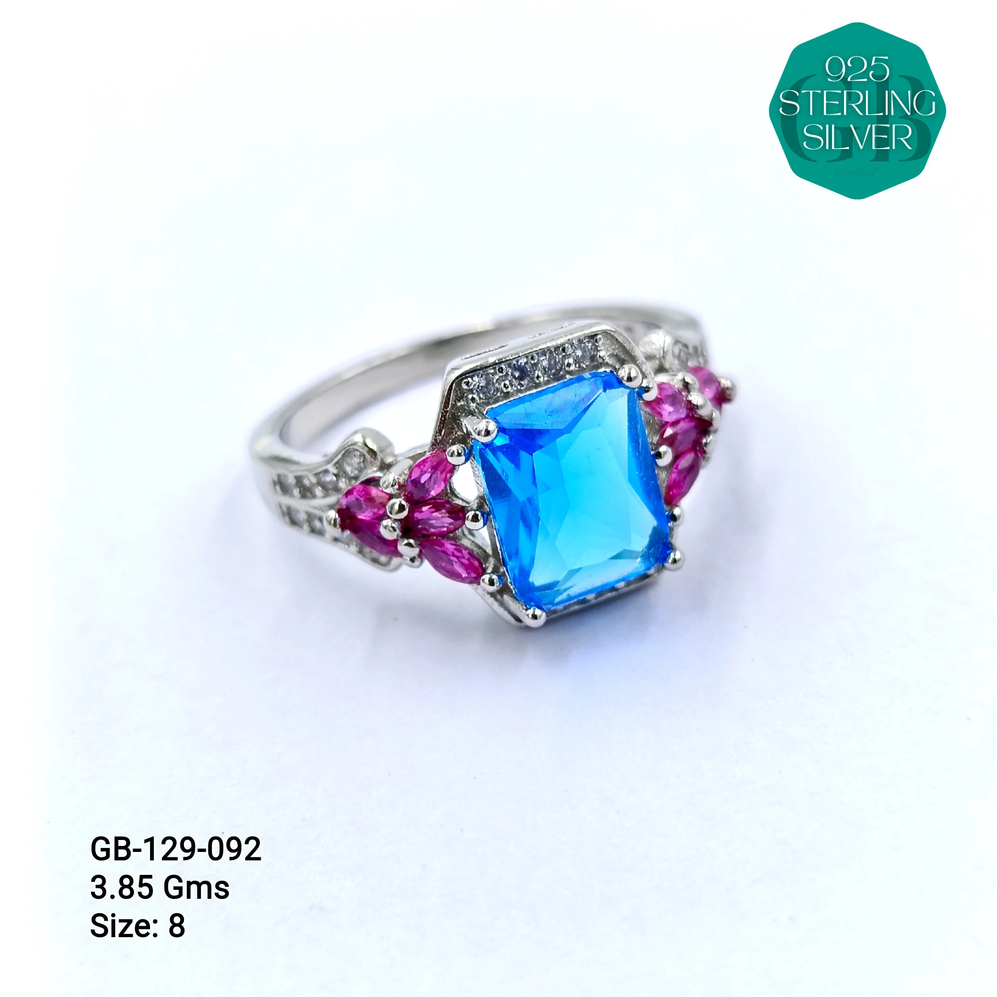 CZ CENTER COLOUR SOLITAIRE FAN RING - Premium 925 Silver Jewellery - SKU: GB-129-092 - Hyderabad Silver Importers