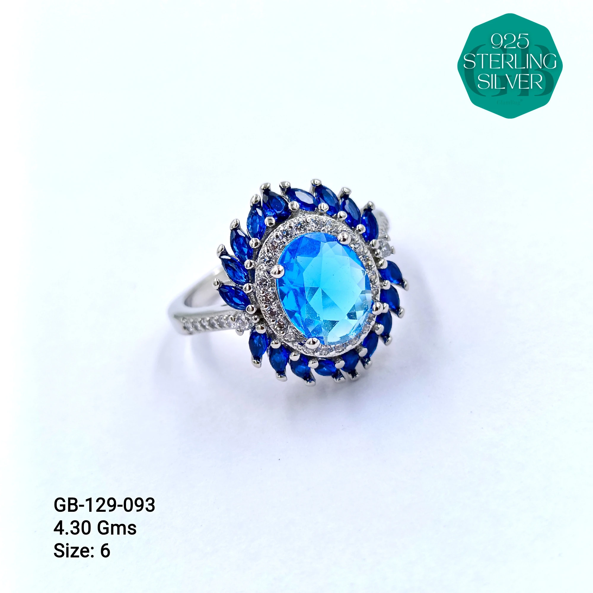 CZ CENTER COLOUR SOLITAIRE FAN RING - Premium 925 Silver Jewellery - SKU: GB-129-093 - Hyderabad Silver Importers