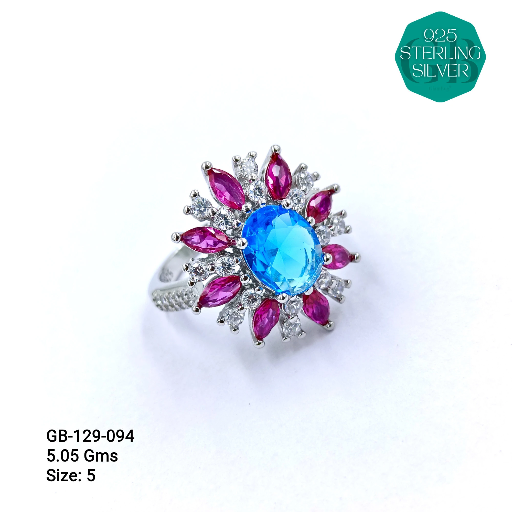 CZ CENTER COLOUR SOLITAIRE FAN RING - Premium 925 Silver Jewellery - SKU: GB-129-094 - Hyderabad Silver Importers