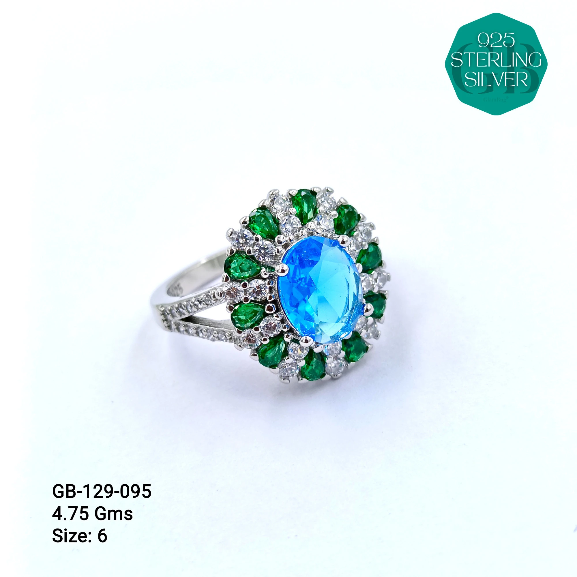 CZ CENTER COLOUR SOLITAIRE FAN RING - Premium 925 Silver Jewellery - SKU: GB-129-095 - Hyderabad Silver Importers