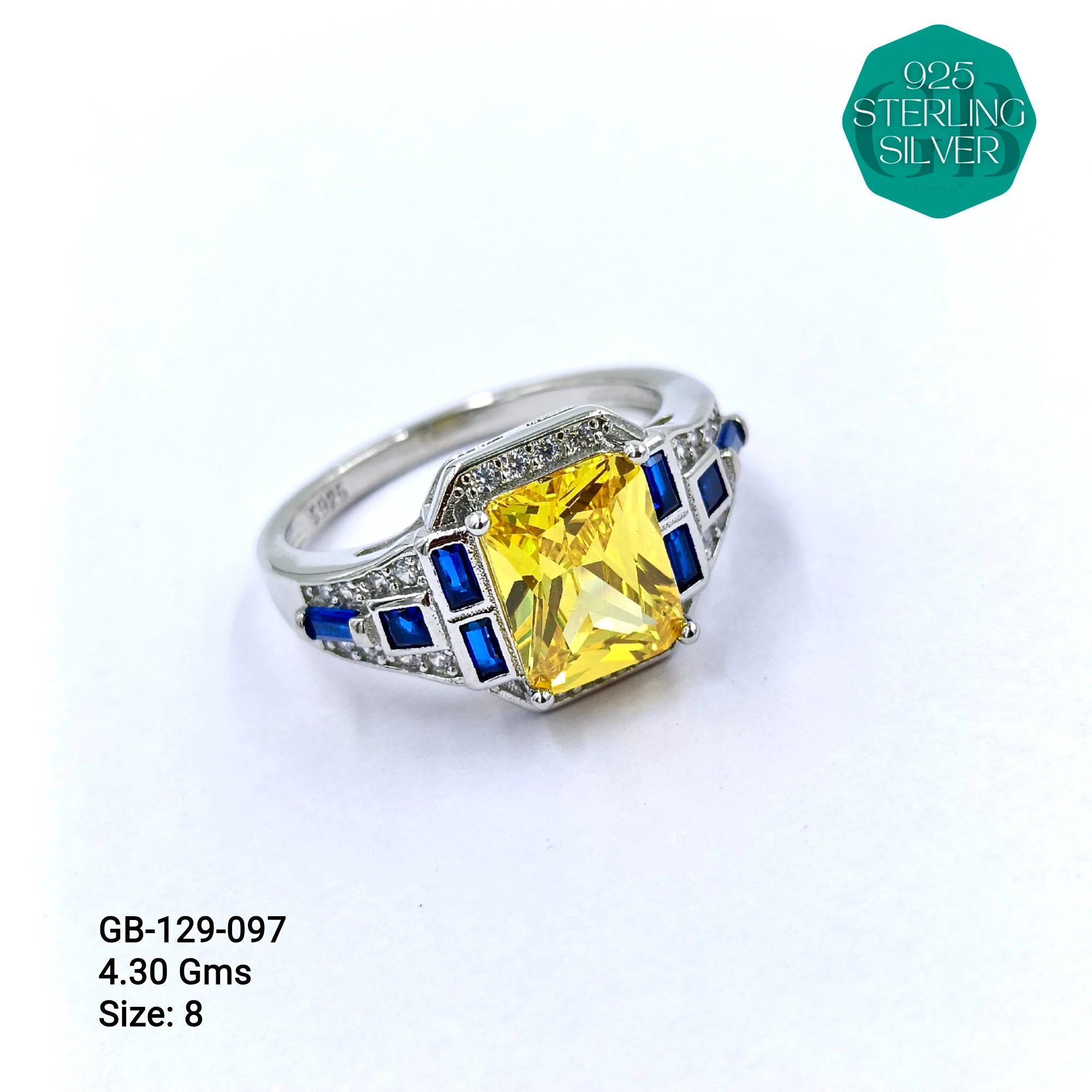 CZ CENTER COLOUR SOLITAIRE FAN RING - Premium 925 Silver Jewellery - SKU: GB-129-097 - Hyderabad Silver Importers