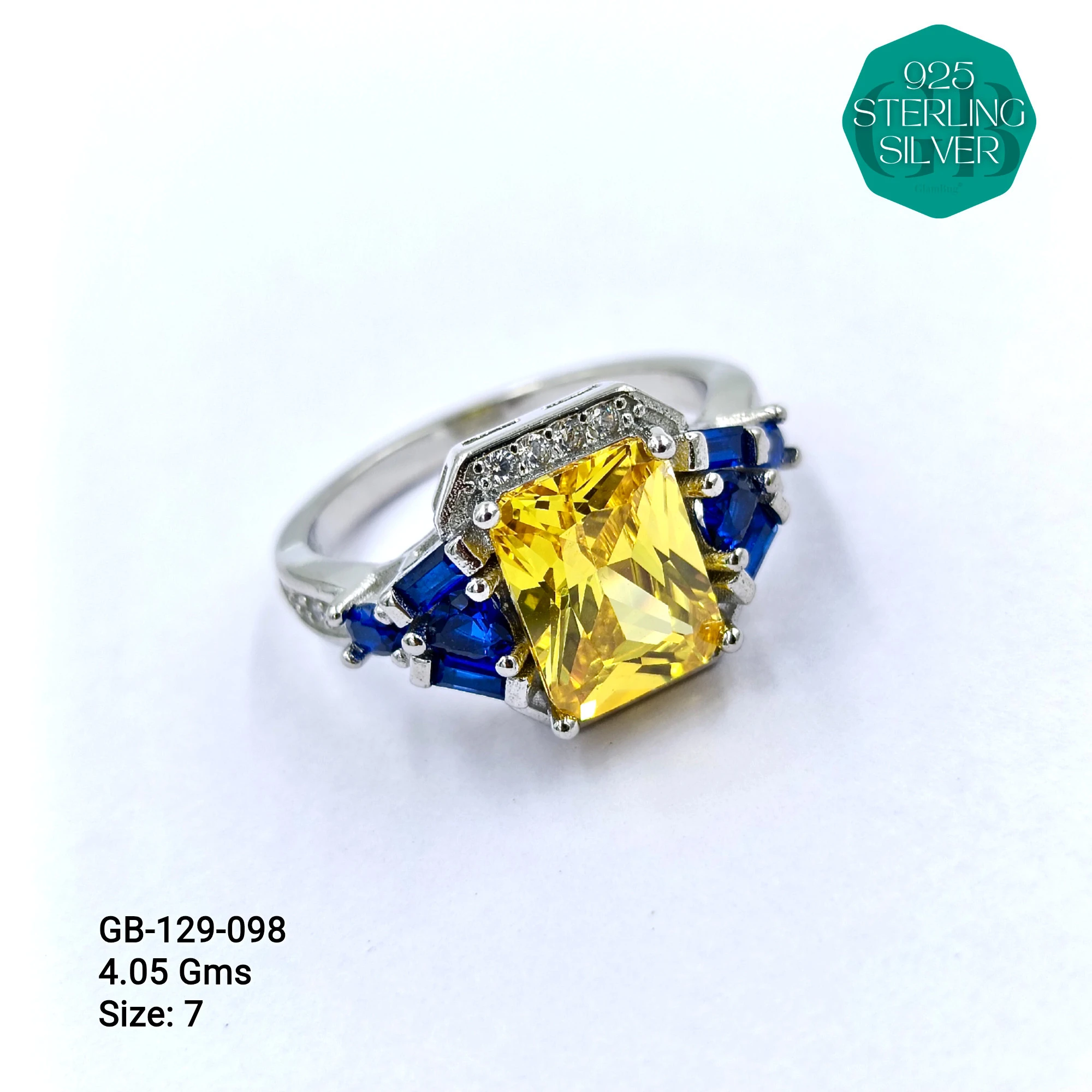 CZ CENTER COLOUR SOLITAIRE FAN RING - Premium 925 Silver Jewellery - SKU: GB-129-098 - Hyderabad Silver Importers