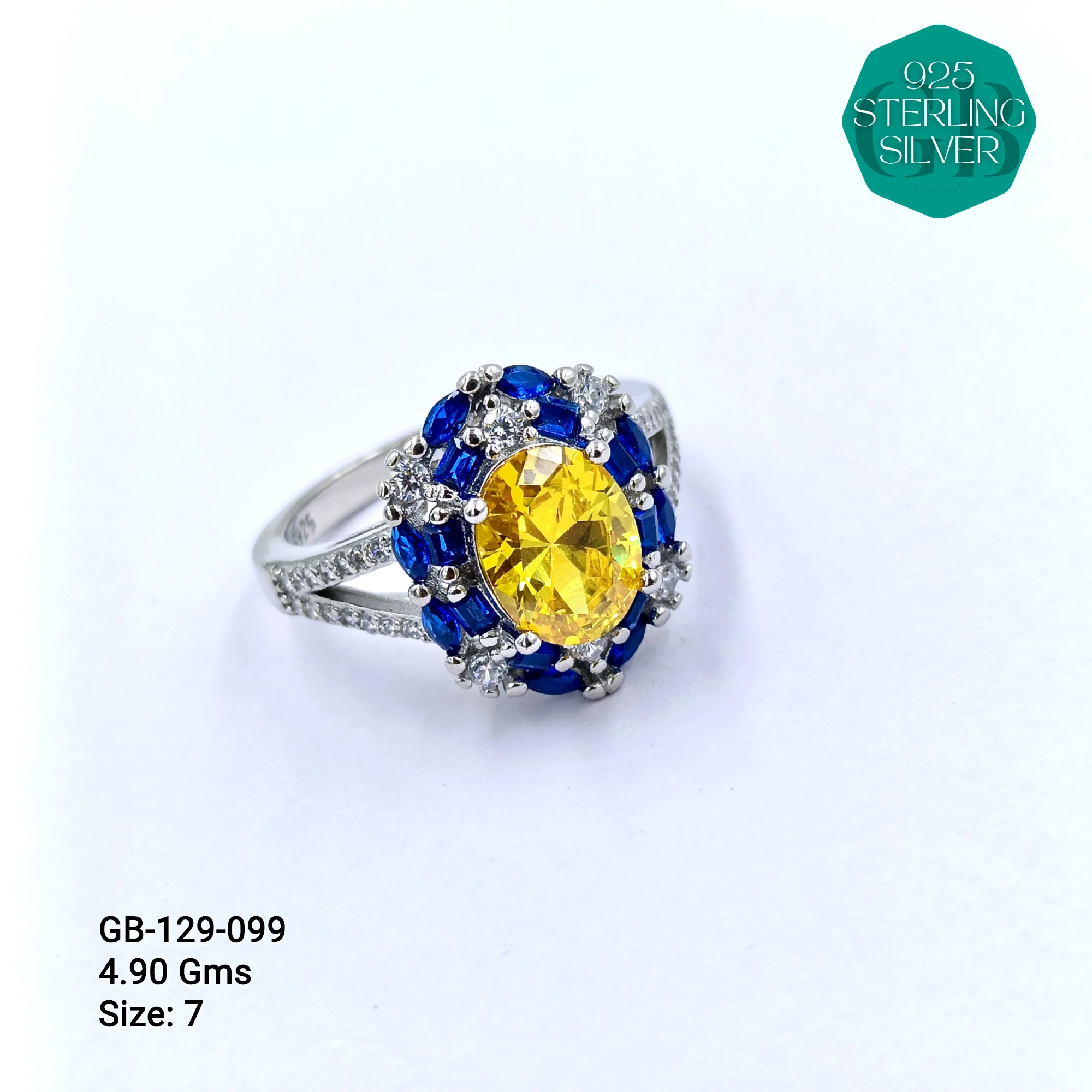 CZ CENTER COLOUR SOLITAIRE FAN RING - Premium 925 Silver Jewellery - SKU: GB-129-099 - Hyderabad Silver Importers