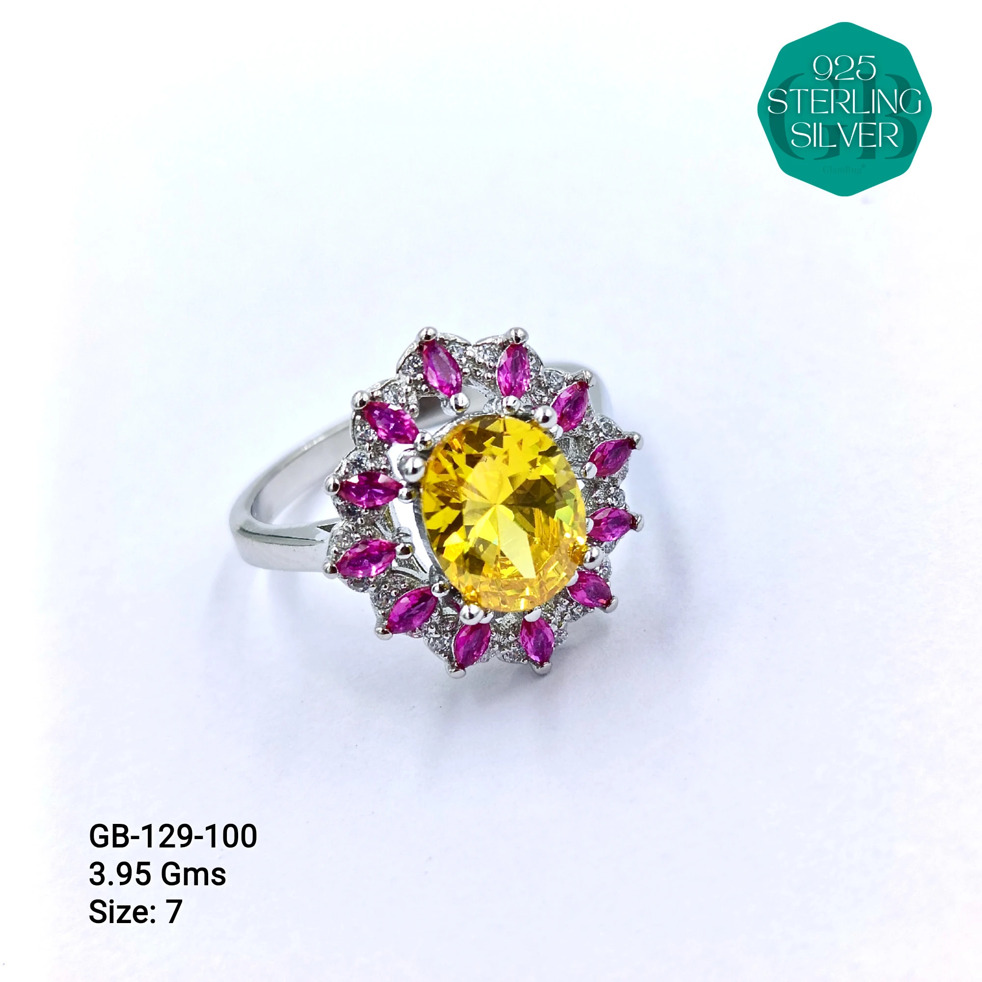CZ CENTER COLOUR SOLITAIRE FAN RING - Premium 925 Silver Jewellery - SKU: GB-129-100 - Hyderabad Silver Importers