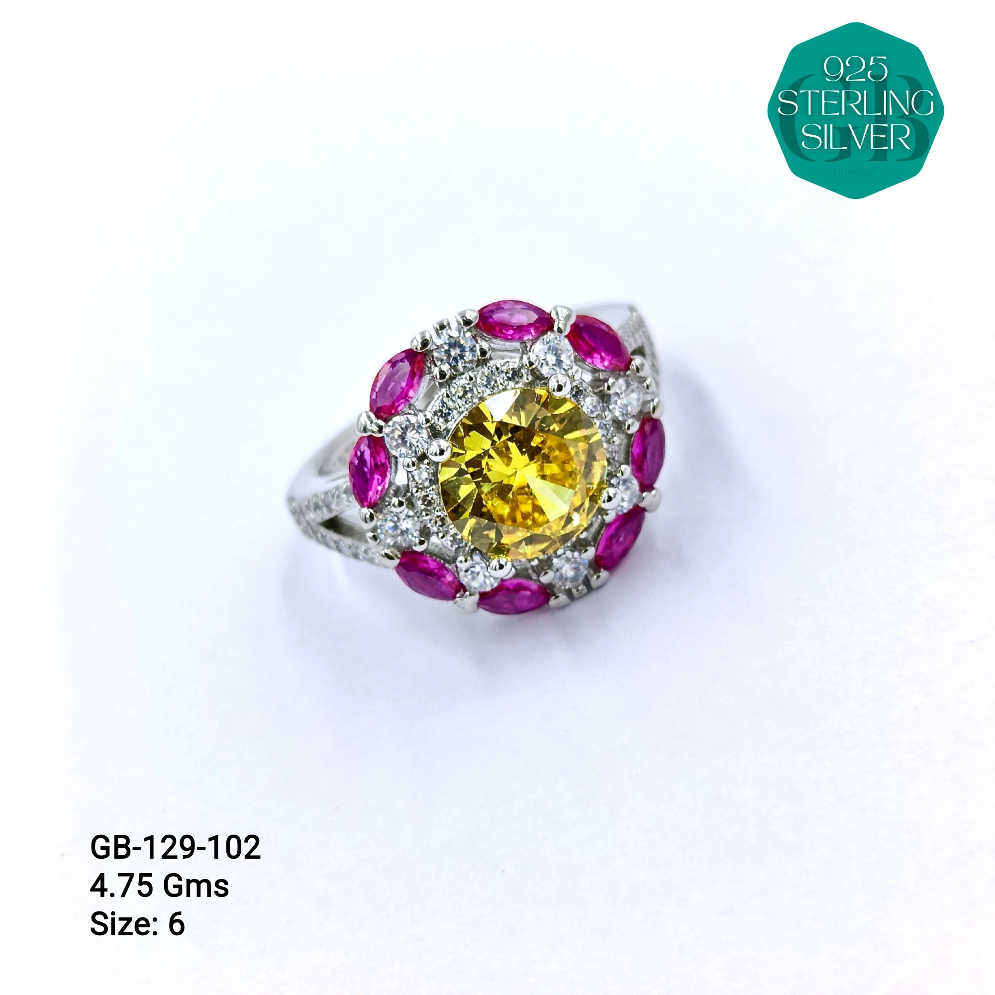 CZ CENTER COLOUR SOLITAIRE FAN RING - Premium 925 Silver Jewellery - SKU: GB-129-102 - Hyderabad Silver Importers
