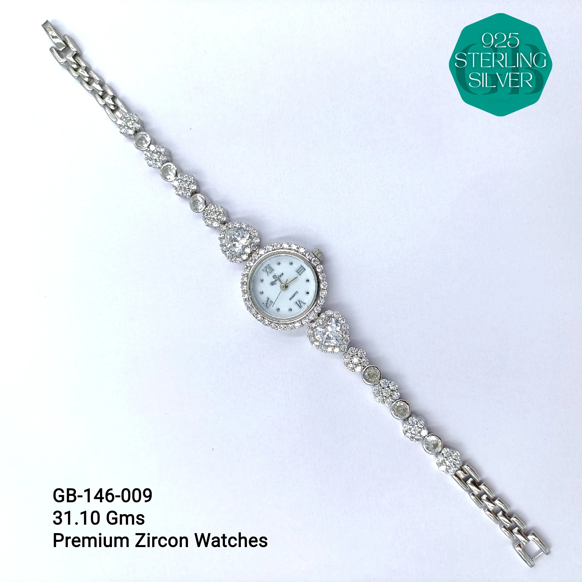 LADIES CZ WATCHES - Premium 925 Silver Jewellery - SKU: GB-146-009 - Hyderabad Silver Importers