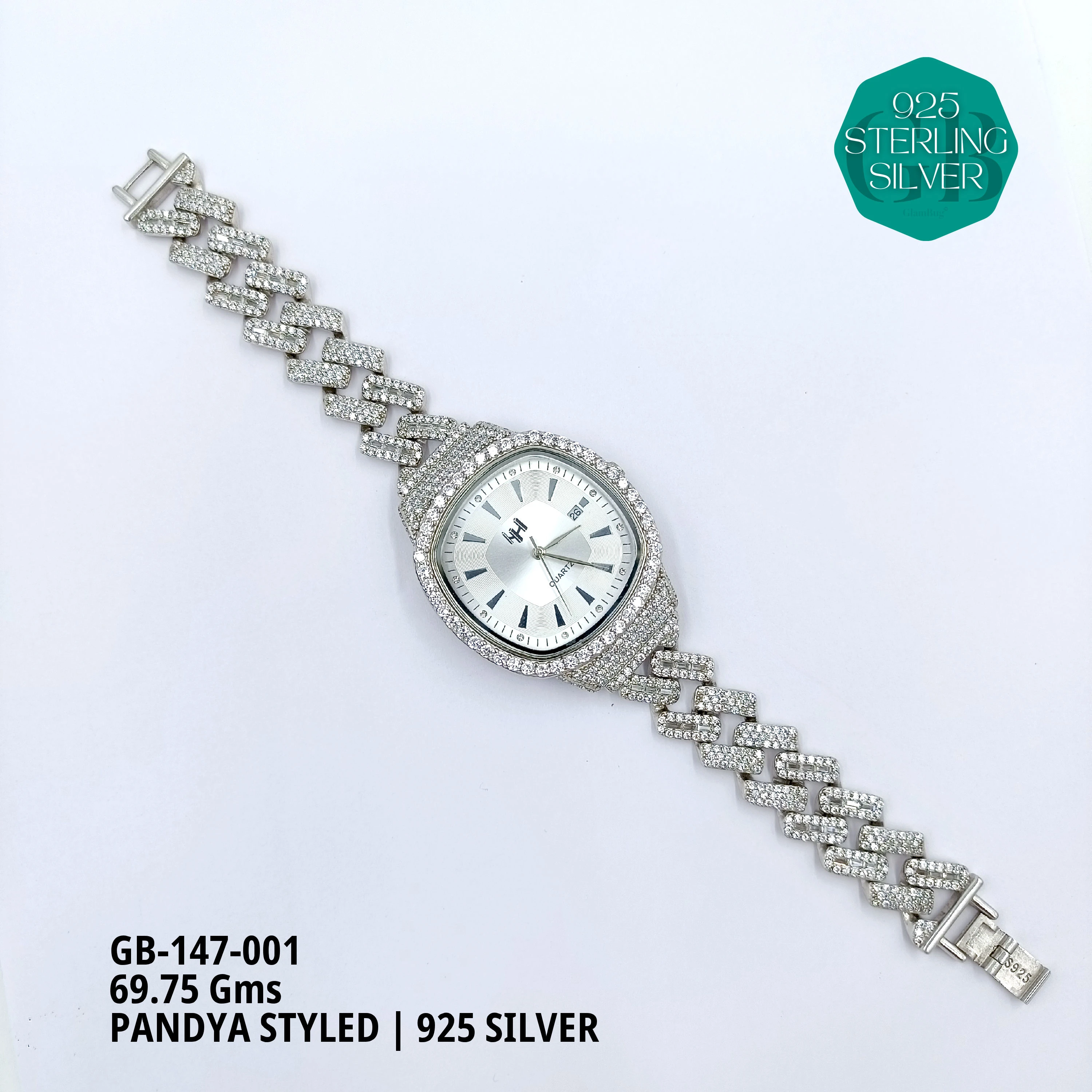 LADIES CZ WATCHES - HALF KADA - Premium 925 Silver Jewellery - SKU: GB-147-001 - Hyderabad Silver Importers