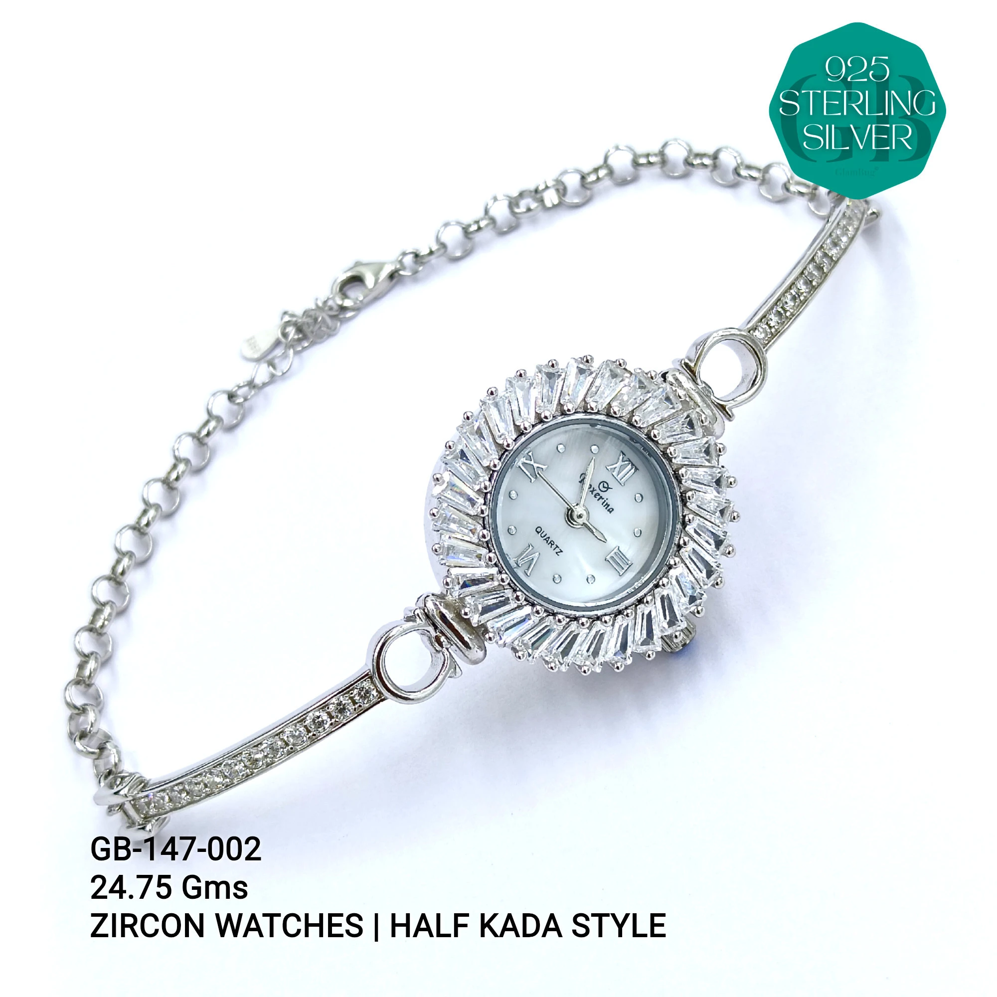 LADIES CZ WATCHES - HALF KADA - Premium 925 Silver Jewellery - SKU: GB-147-002 - Hyderabad Silver Importers