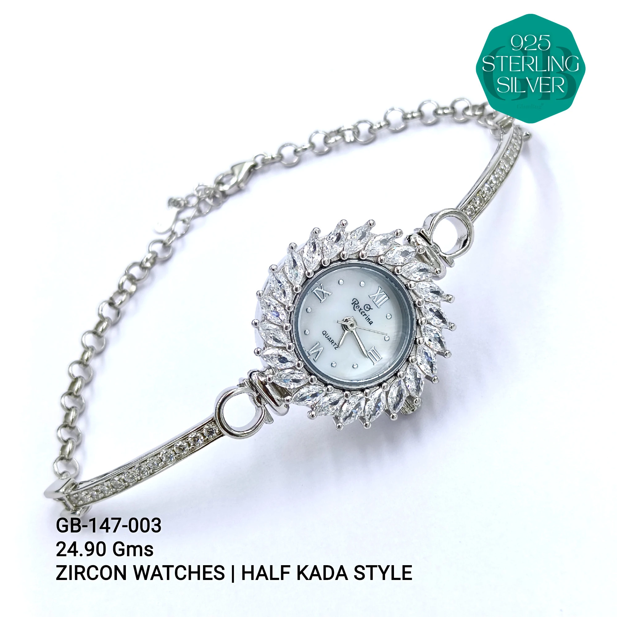 LADIES CZ WATCHES - HALF KADA - Premium 925 Silver Jewellery - SKU: GB-147-003 - Hyderabad Silver Importers
