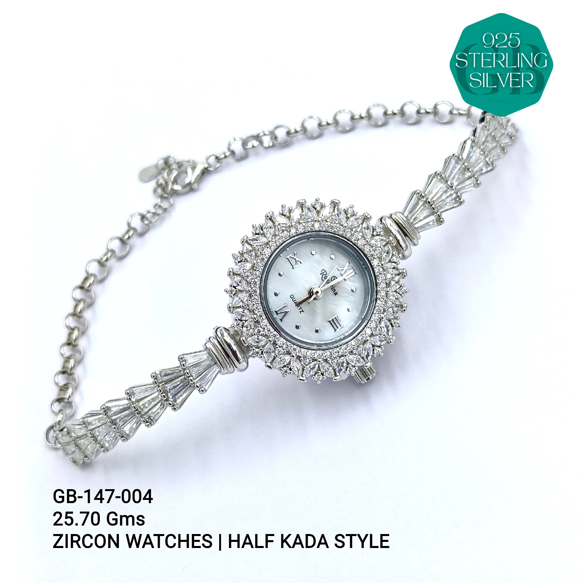 LADIES CZ WATCHES - HALF KADA - Premium 925 Silver Jewellery - SKU: GB-147-004 - Hyderabad Silver Importers