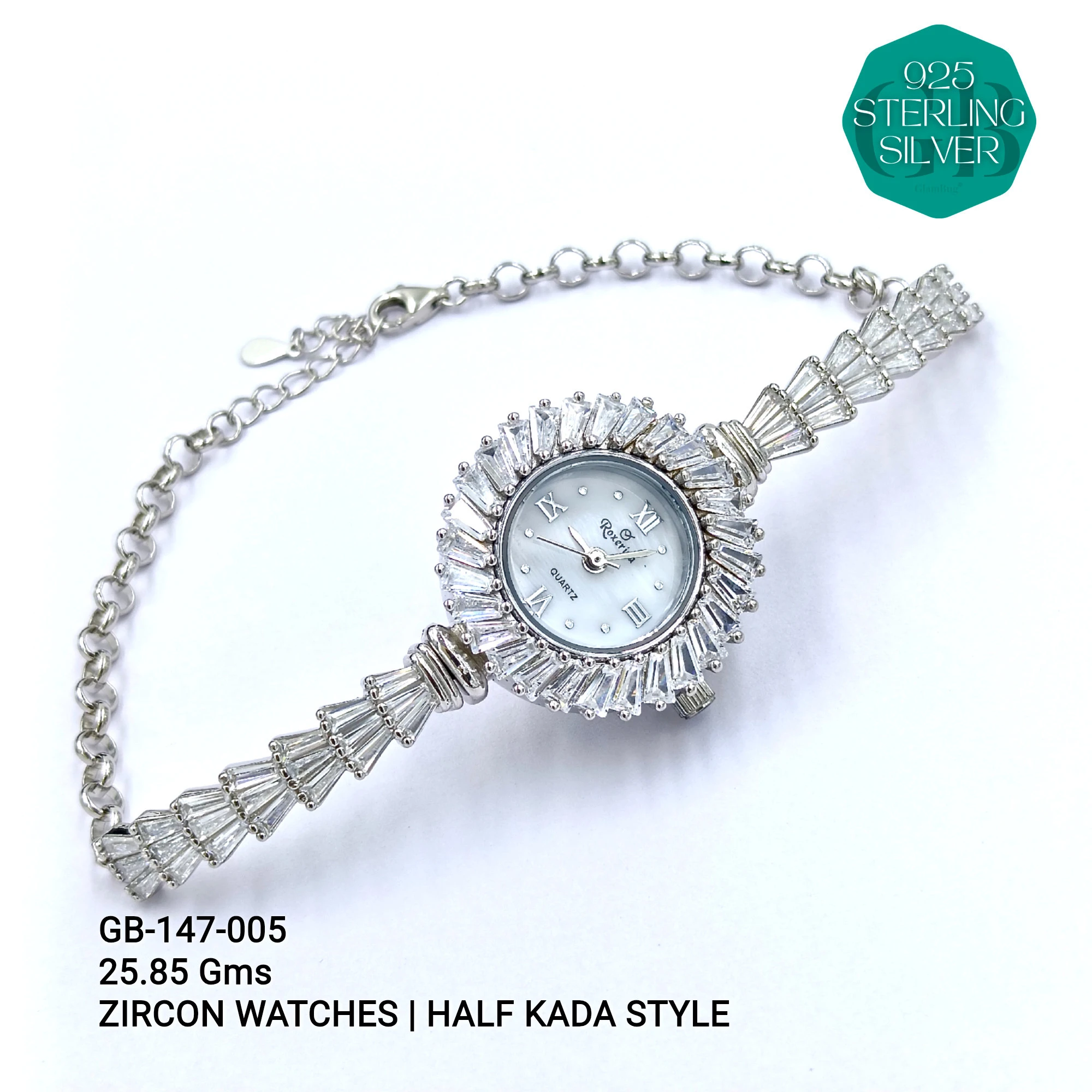 LADIES CZ WATCHES - HALF KADA - Premium 925 Silver Jewellery - SKU: GB-147-005 - Hyderabad Silver Importers