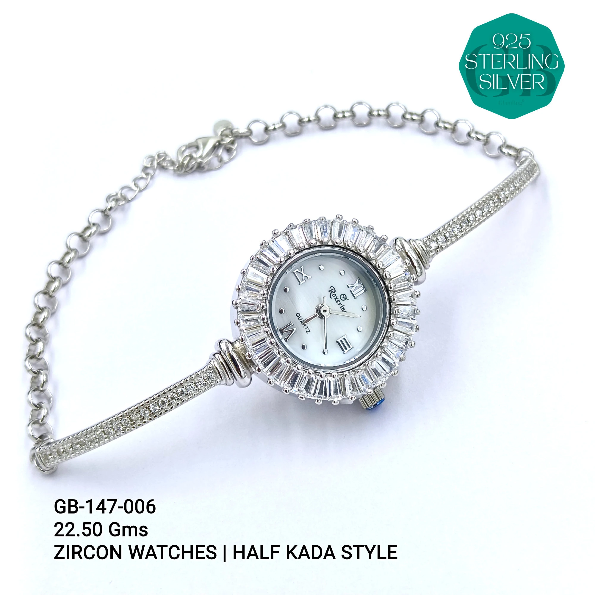 LADIES CZ WATCHES - HALF KADA - Premium 925 Silver Jewellery - SKU: GB-147-006 - Hyderabad Silver Importers