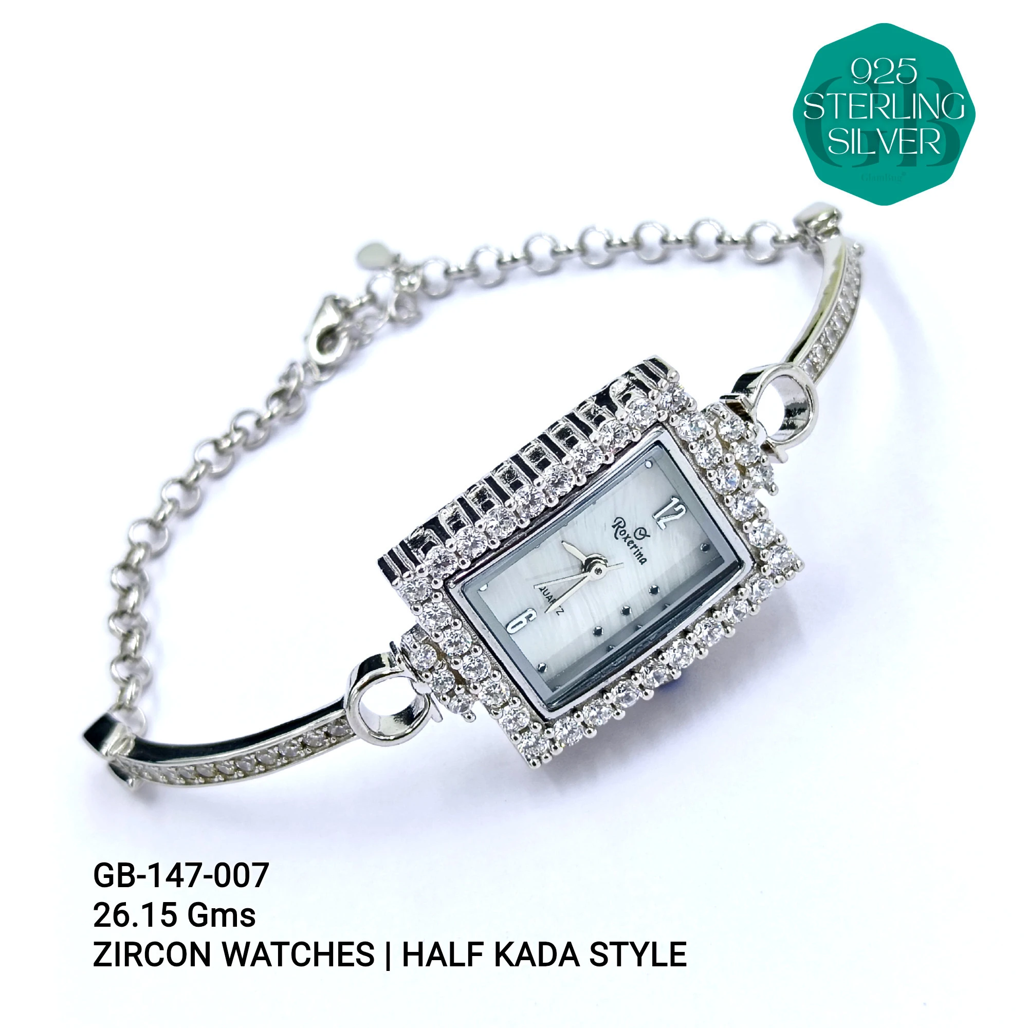 LADIES CZ WATCHES - HALF KADA - Premium 925 Silver Jewellery - SKU: GB-147-007 - Hyderabad Silver Importers