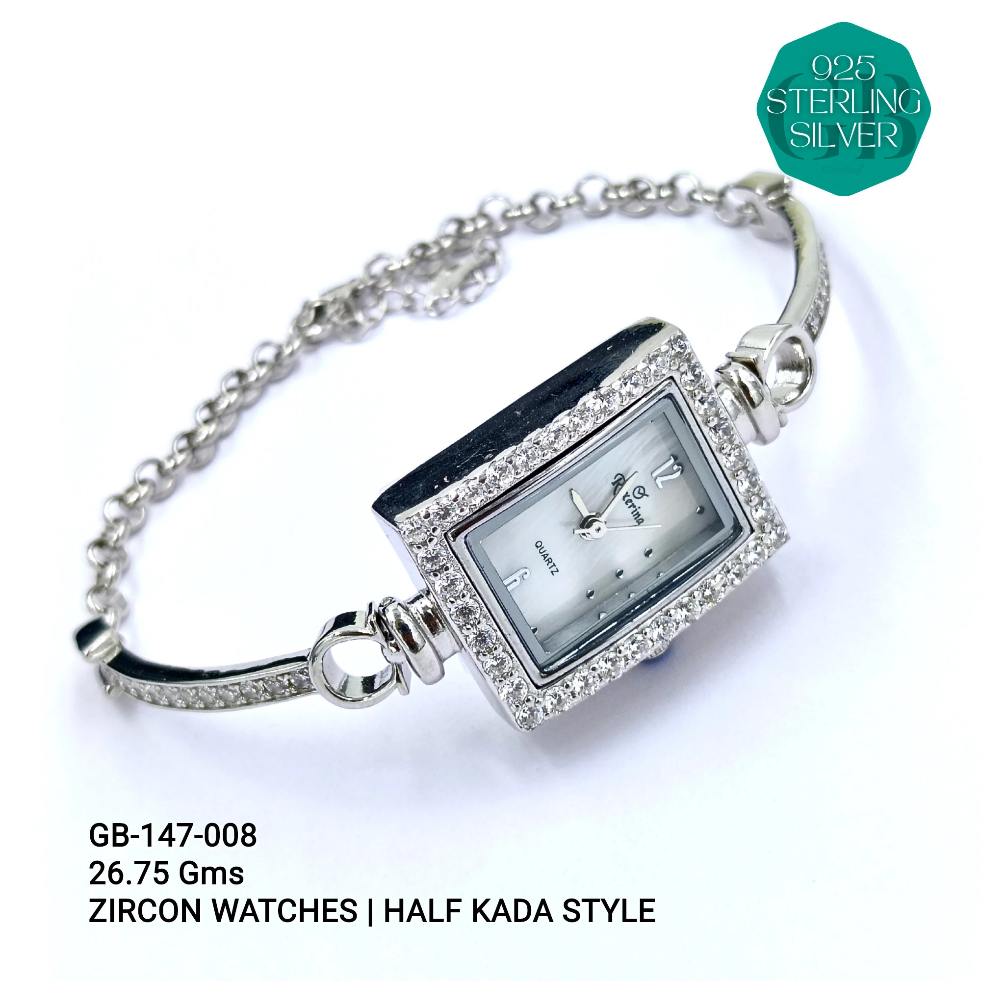 LADIES CZ WATCHES - HALF KADA - Premium 925 Silver Jewellery - SKU: GB-147-008 - Hyderabad Silver Importers