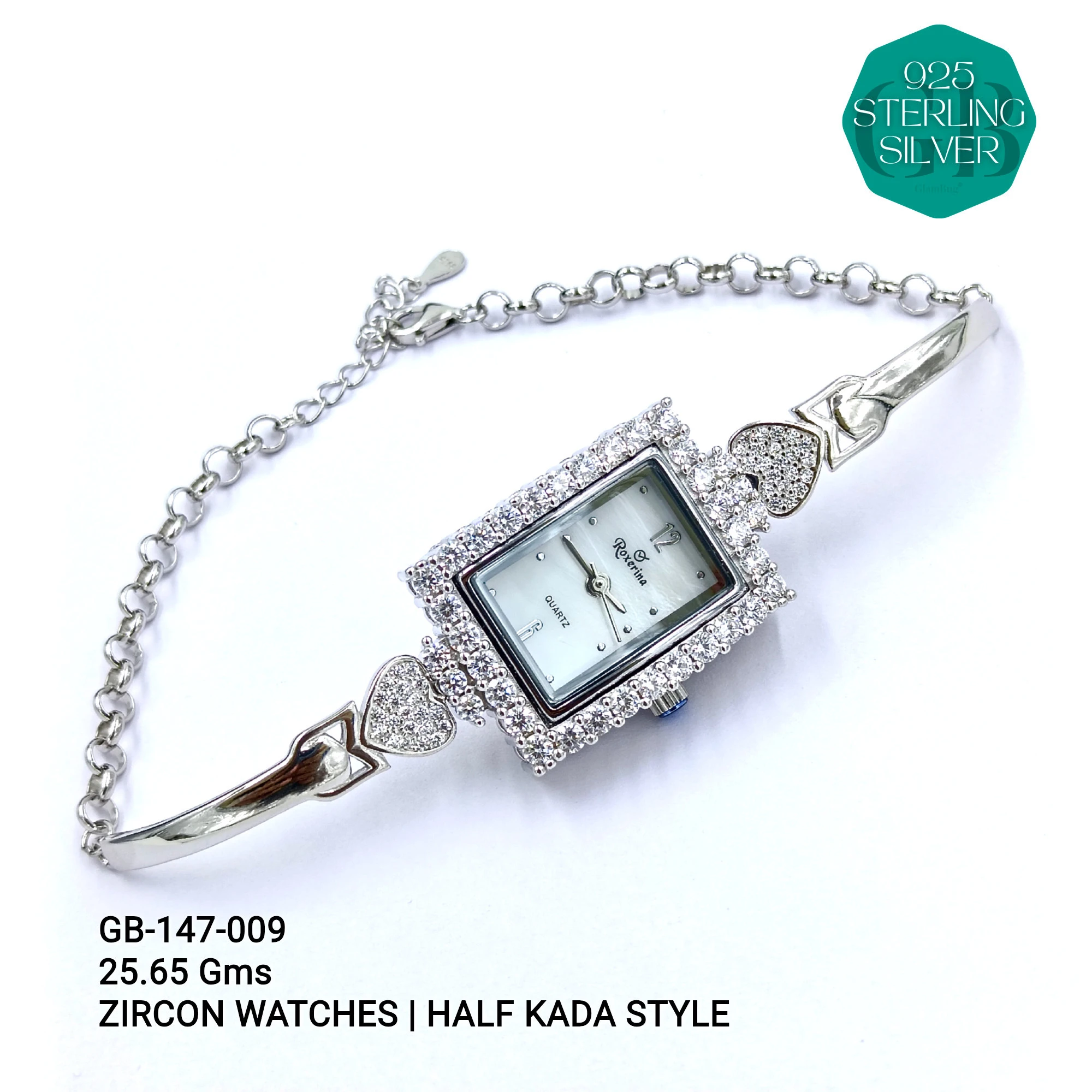 LADIES CZ WATCHES - HALF KADA - Premium 925 Silver Jewellery - SKU: GB-147-009 - Hyderabad Silver Importers