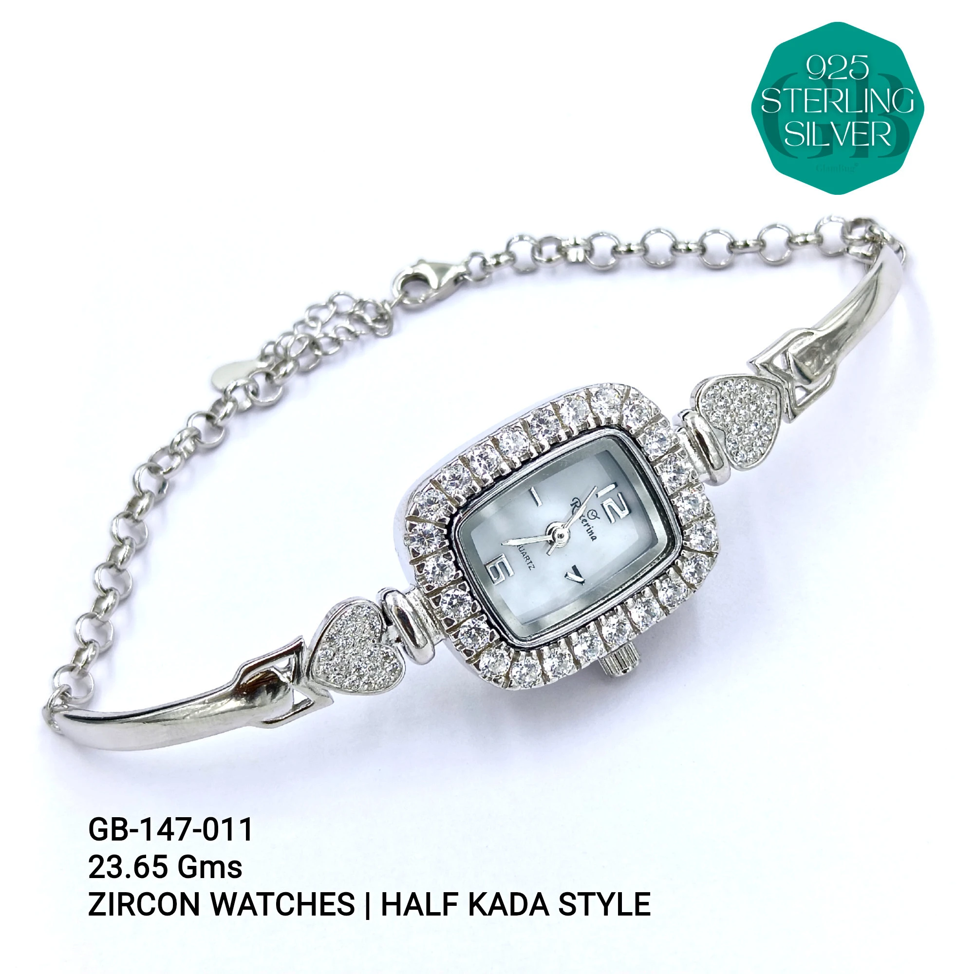 LADIES CZ WATCHES - HALF KADA - Premium 925 Silver Jewellery - SKU: GB-147-011 - Hyderabad Silver Importers