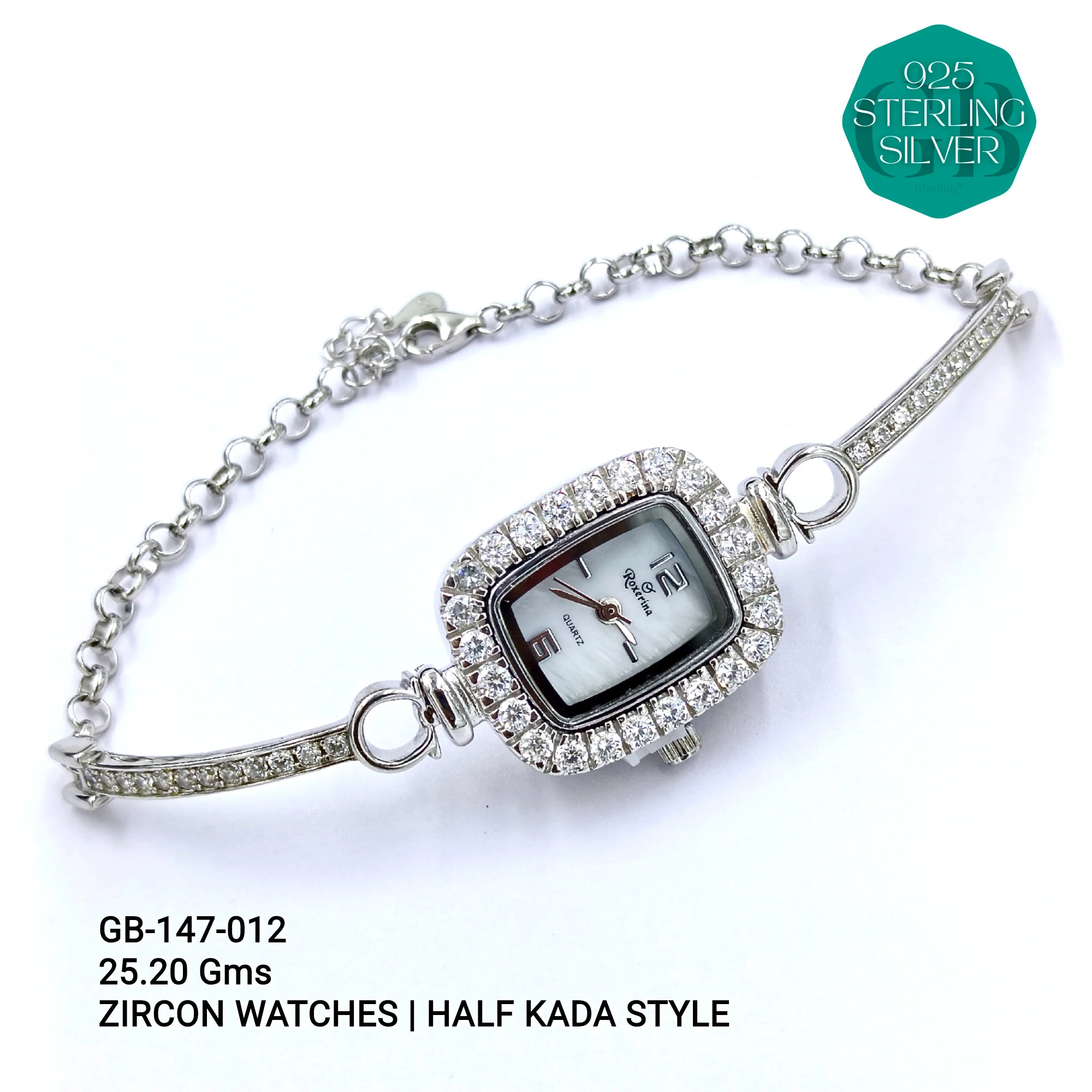 LADIES CZ WATCHES - HALF KADA - Premium 925 Silver Jewellery - SKU: GB-147-012 - Hyderabad Silver Importers
