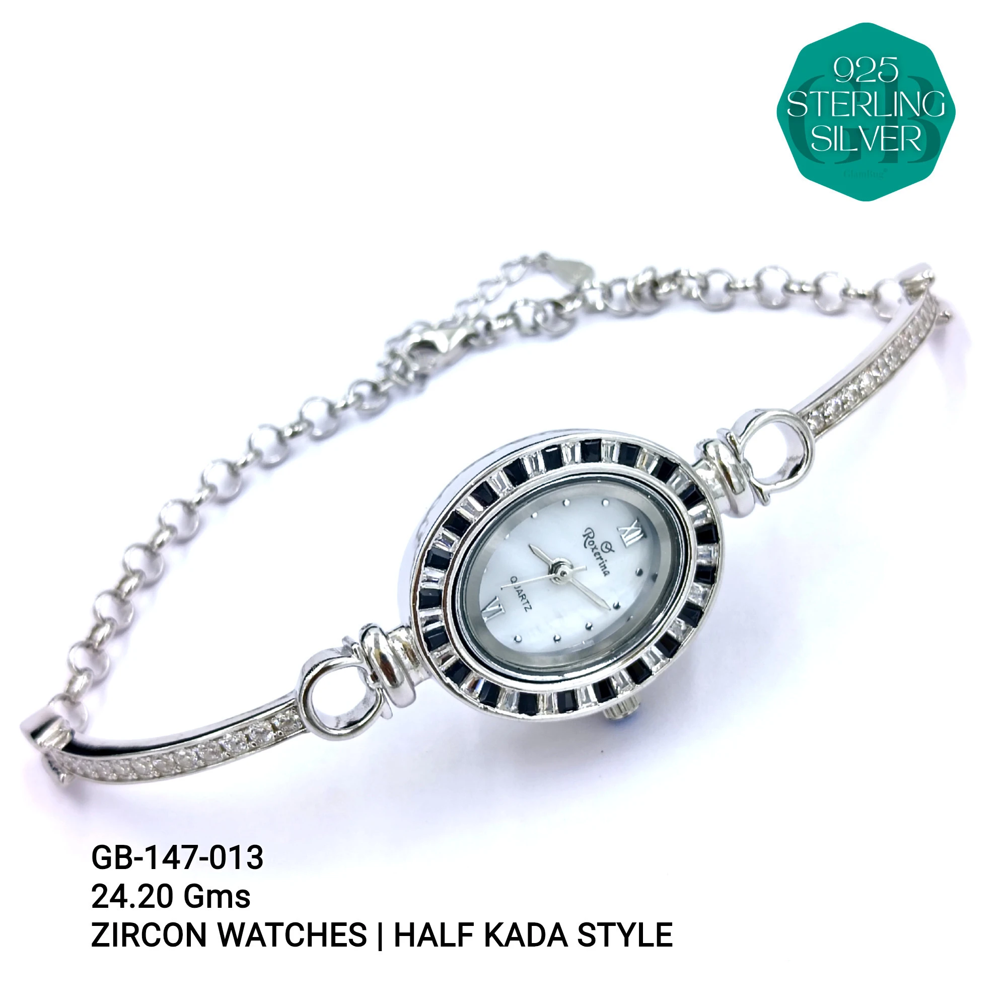 LADIES CZ WATCHES - HALF KADA - Premium 925 Silver Jewellery - SKU: GB-147-013 - Hyderabad Silver Importers