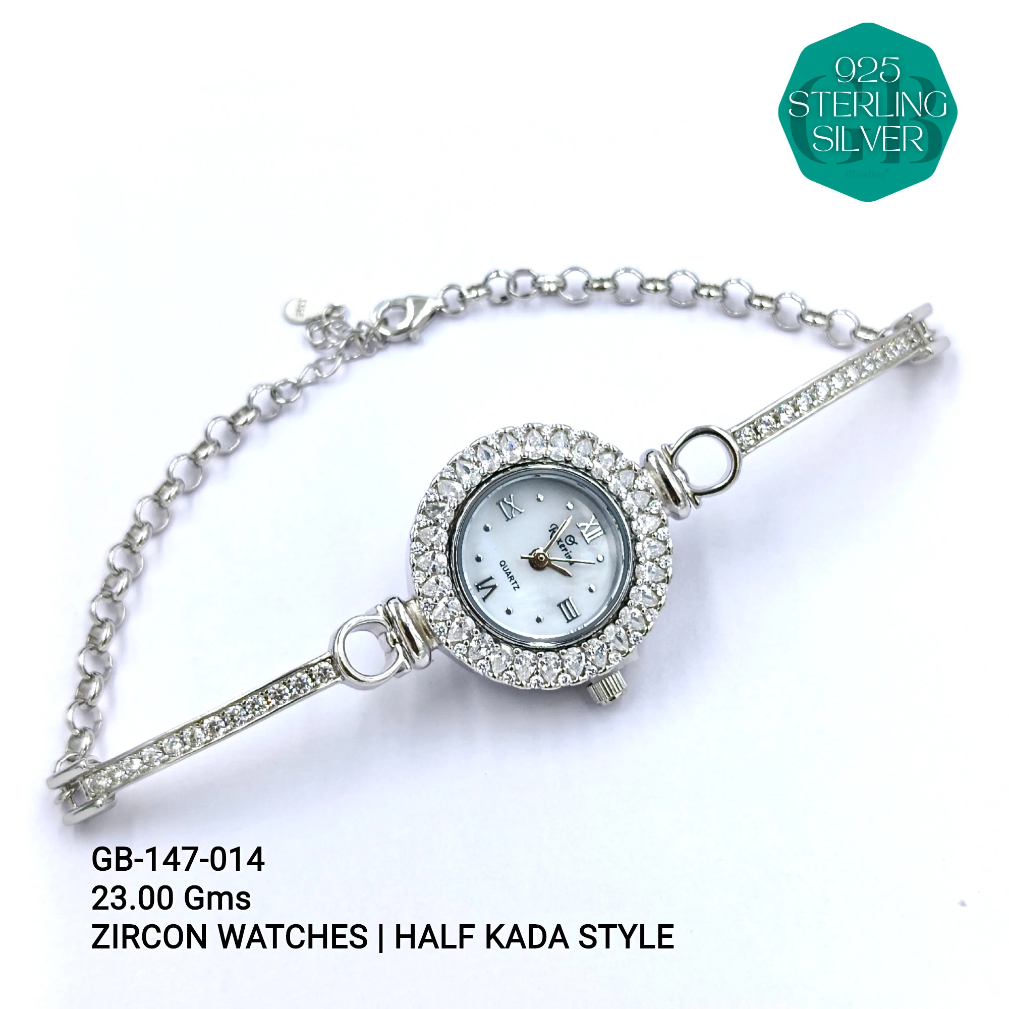 LADIES CZ WATCHES - HALF KADA - Premium 925 Silver Jewellery - SKU: GB-147-014 - Hyderabad Silver Importers