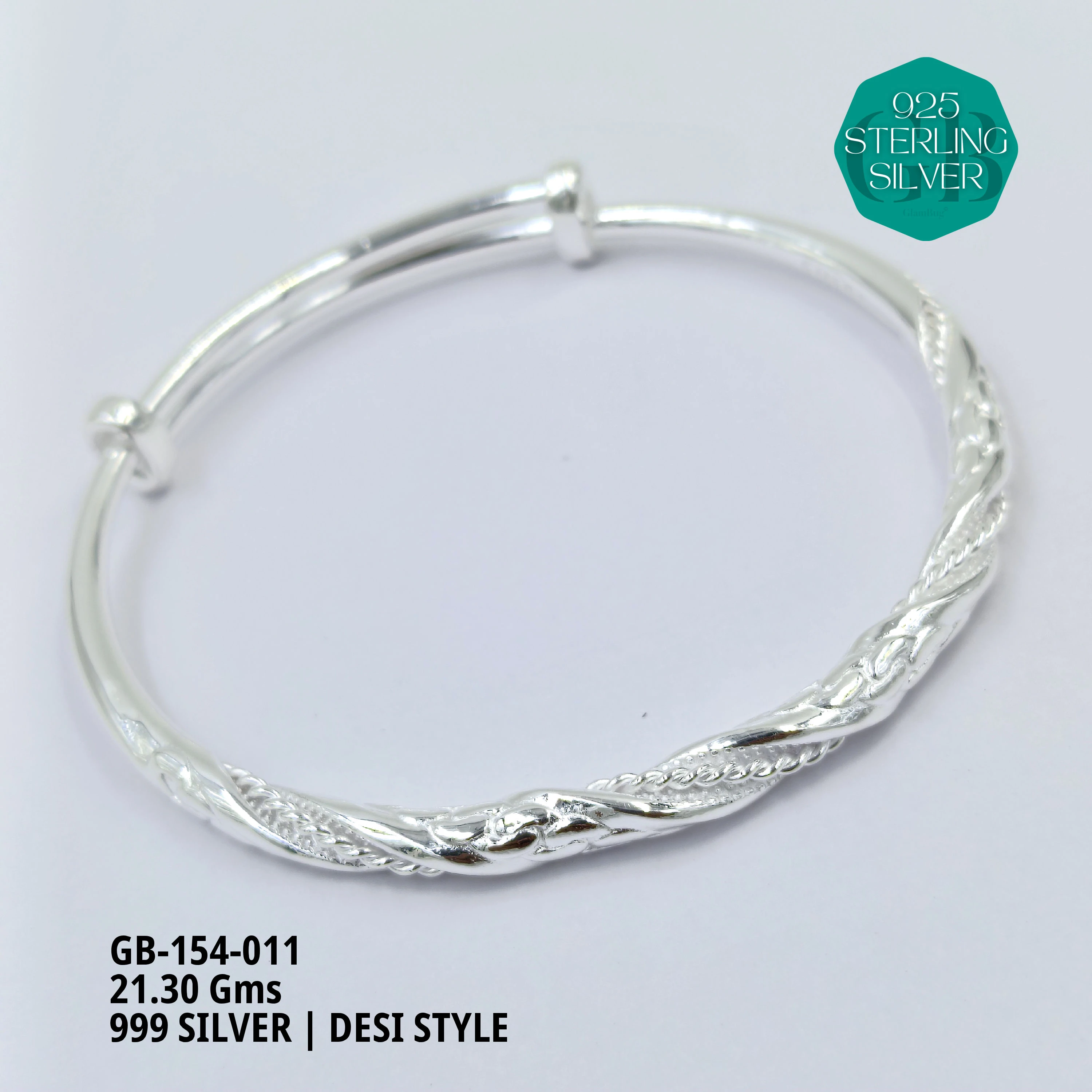 999 INDO ADJUSTABLE KADA - Premium 925 Silver Jewellery - SKU: GB-154-011 - Hyderabad Silver Importers