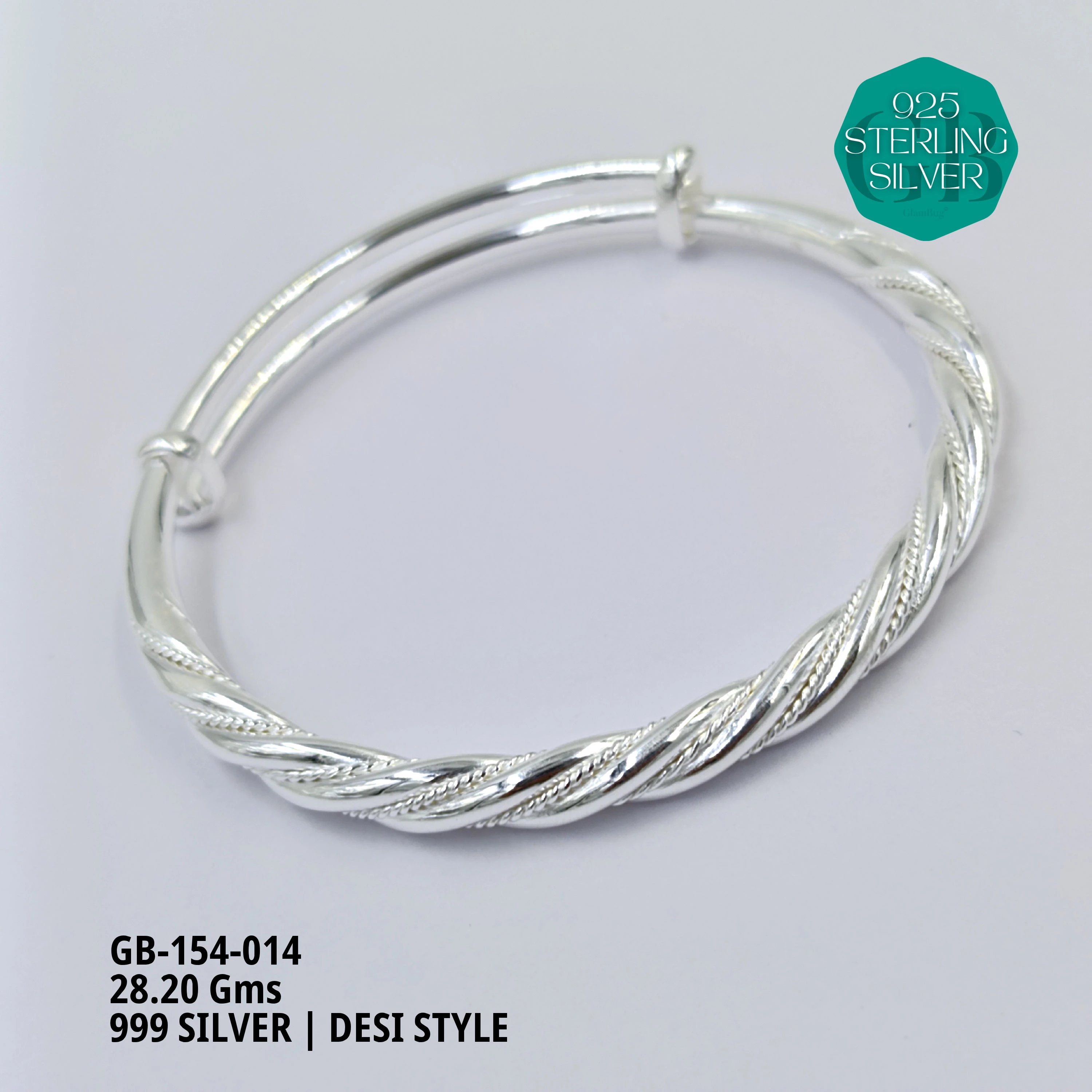 999 INDO ADJUSTABLE KADA - Premium 925 Silver Jewellery - SKU: GB-154-014 - Hyderabad Silver Importers